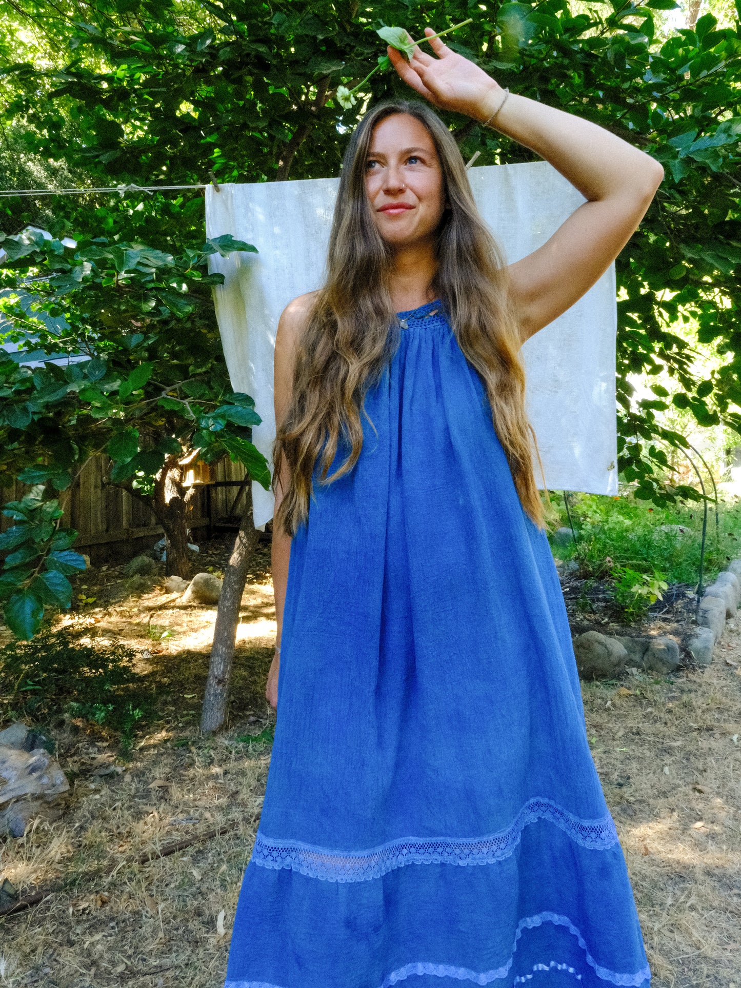 Indigo Cotton Gauze Crochet Yoke Dress