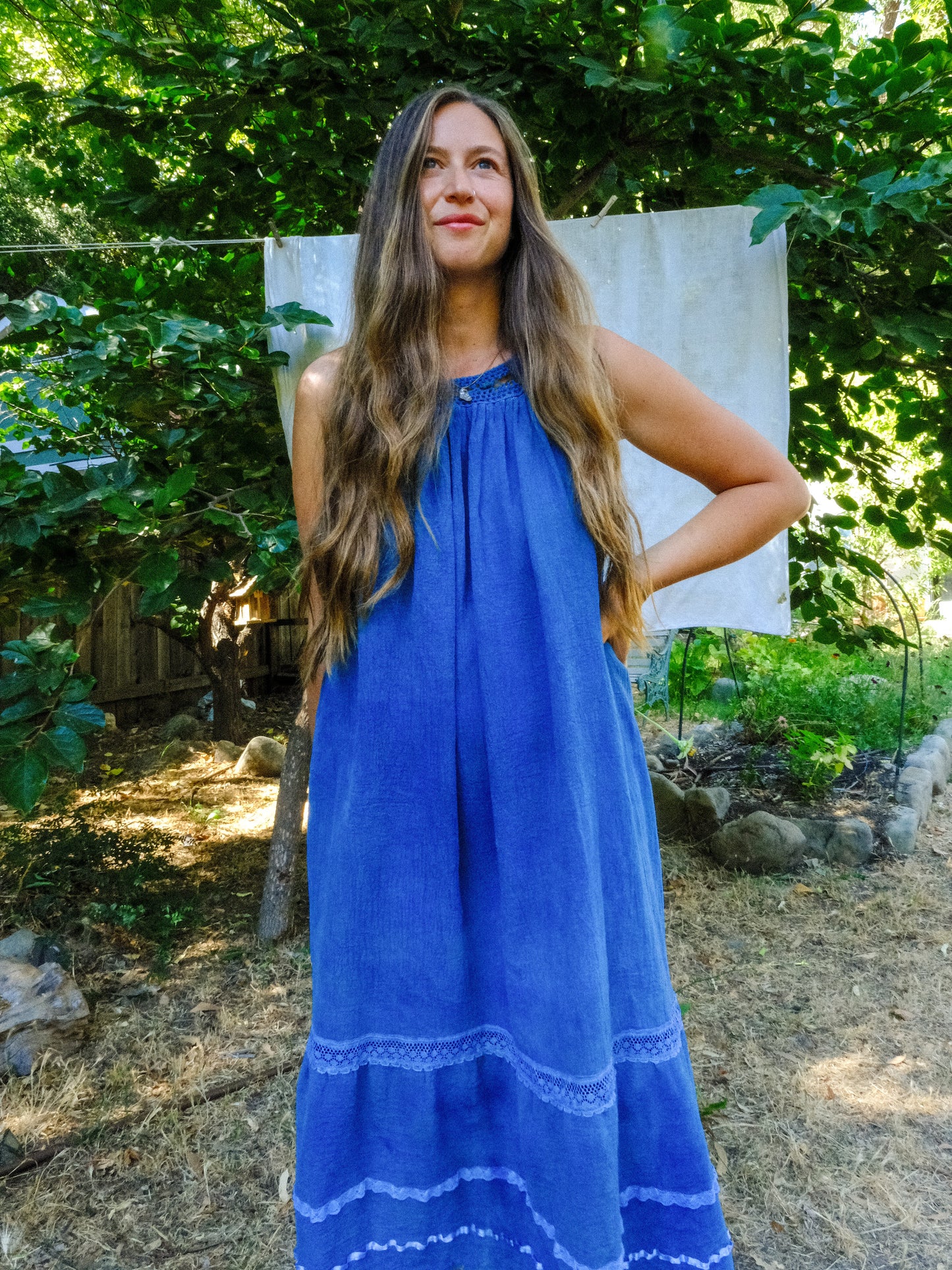 Indigo Cotton Gauze Crochet Yoke Dress