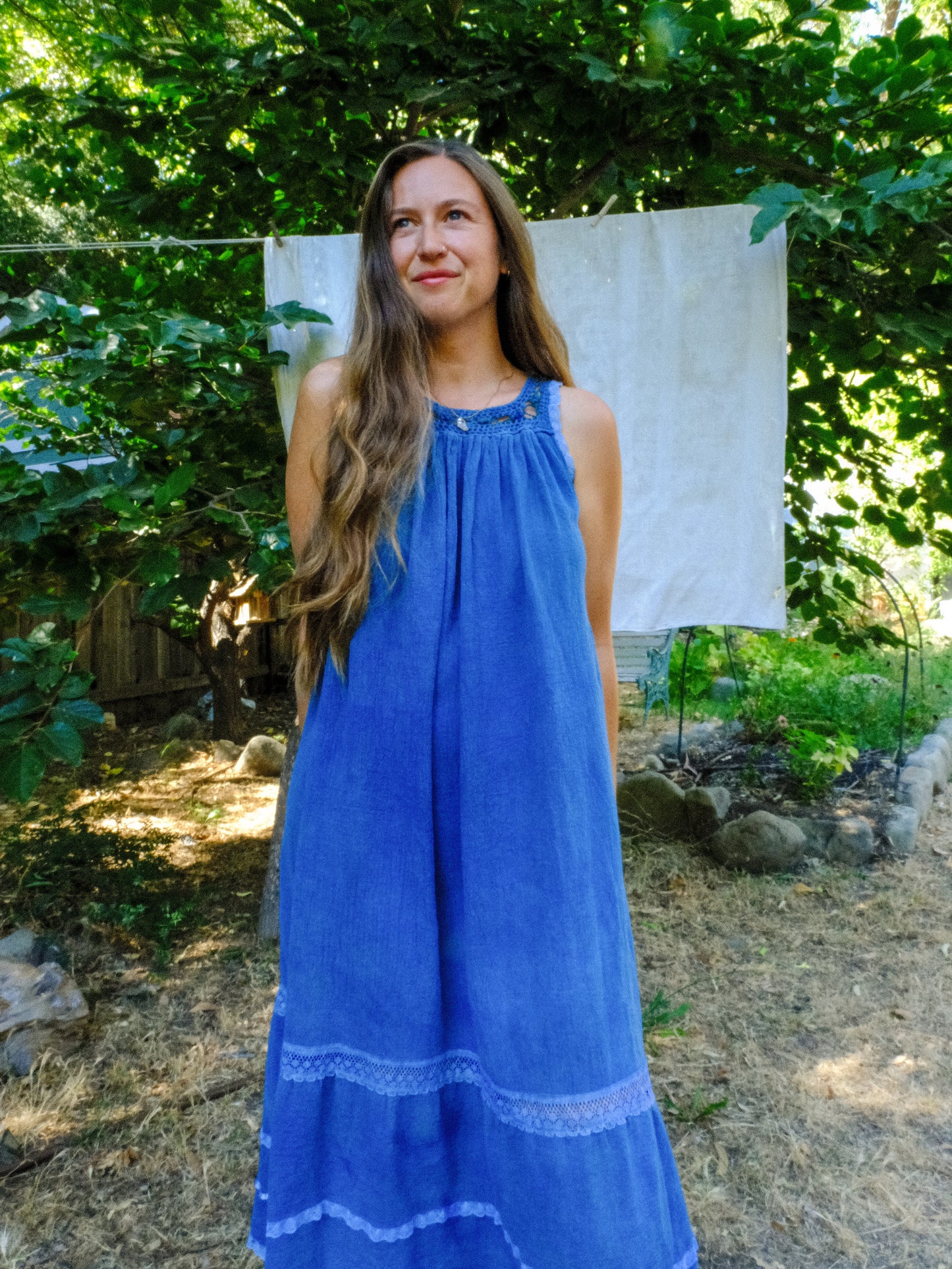 Indigo Cotton Gauze Crochet Yoke Dress