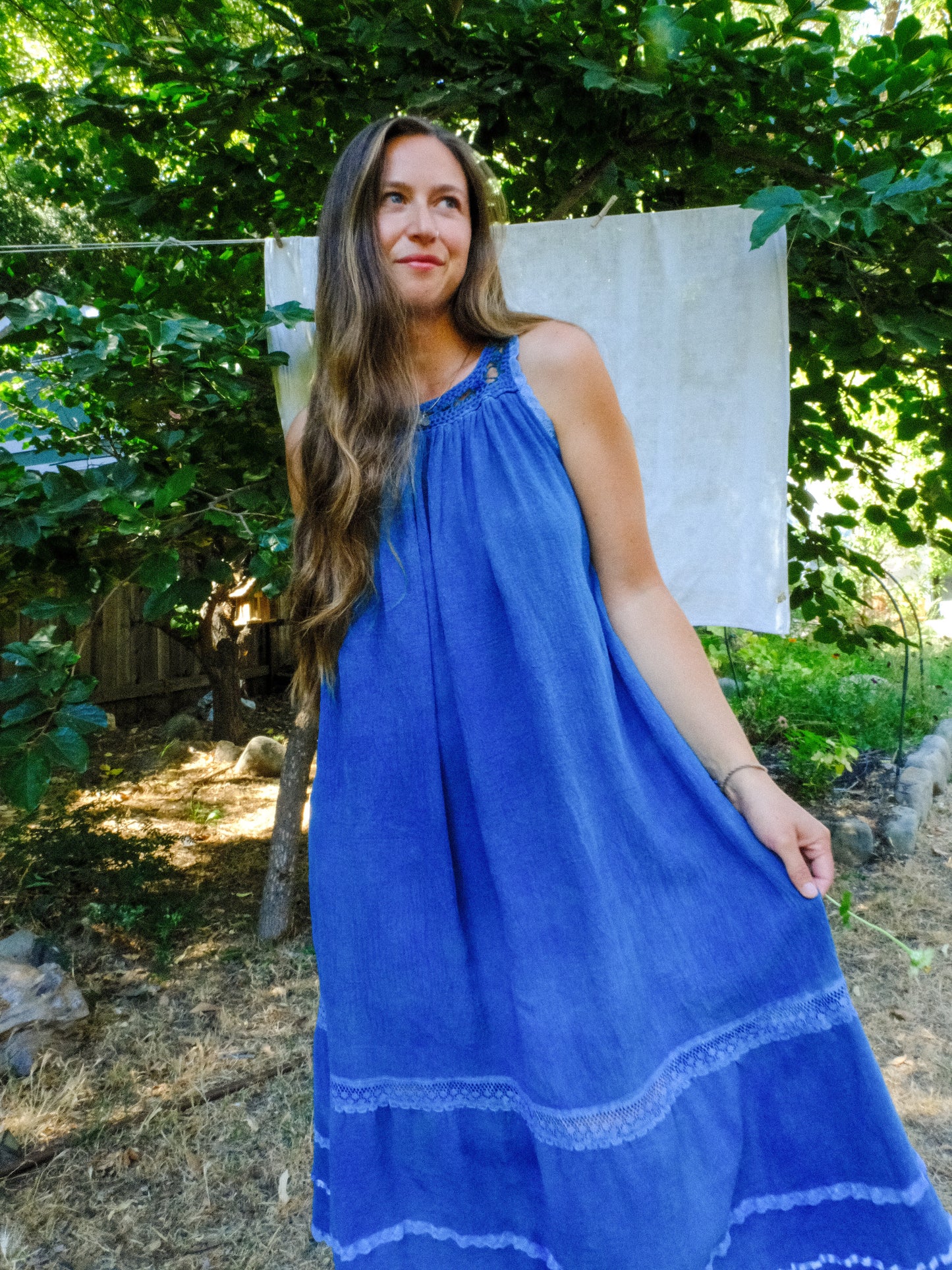 Indigo Cotton Gauze Crochet Yoke Dress