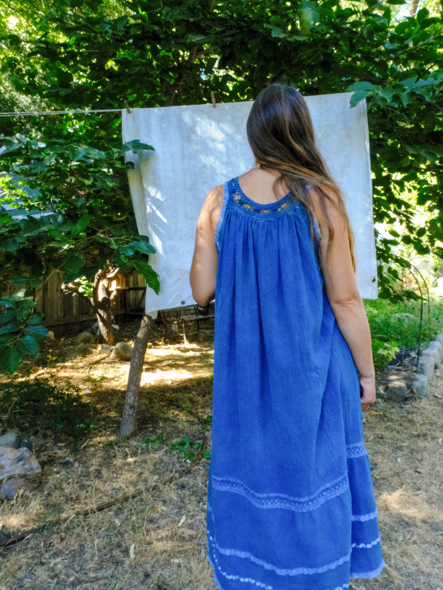 Indigo Cotton Gauze Crochet Yoke Dress