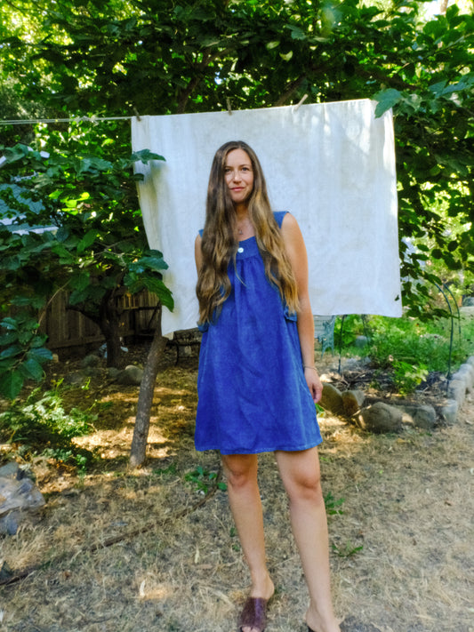 Indigo Linen Rounded Yoke Mini Dress
