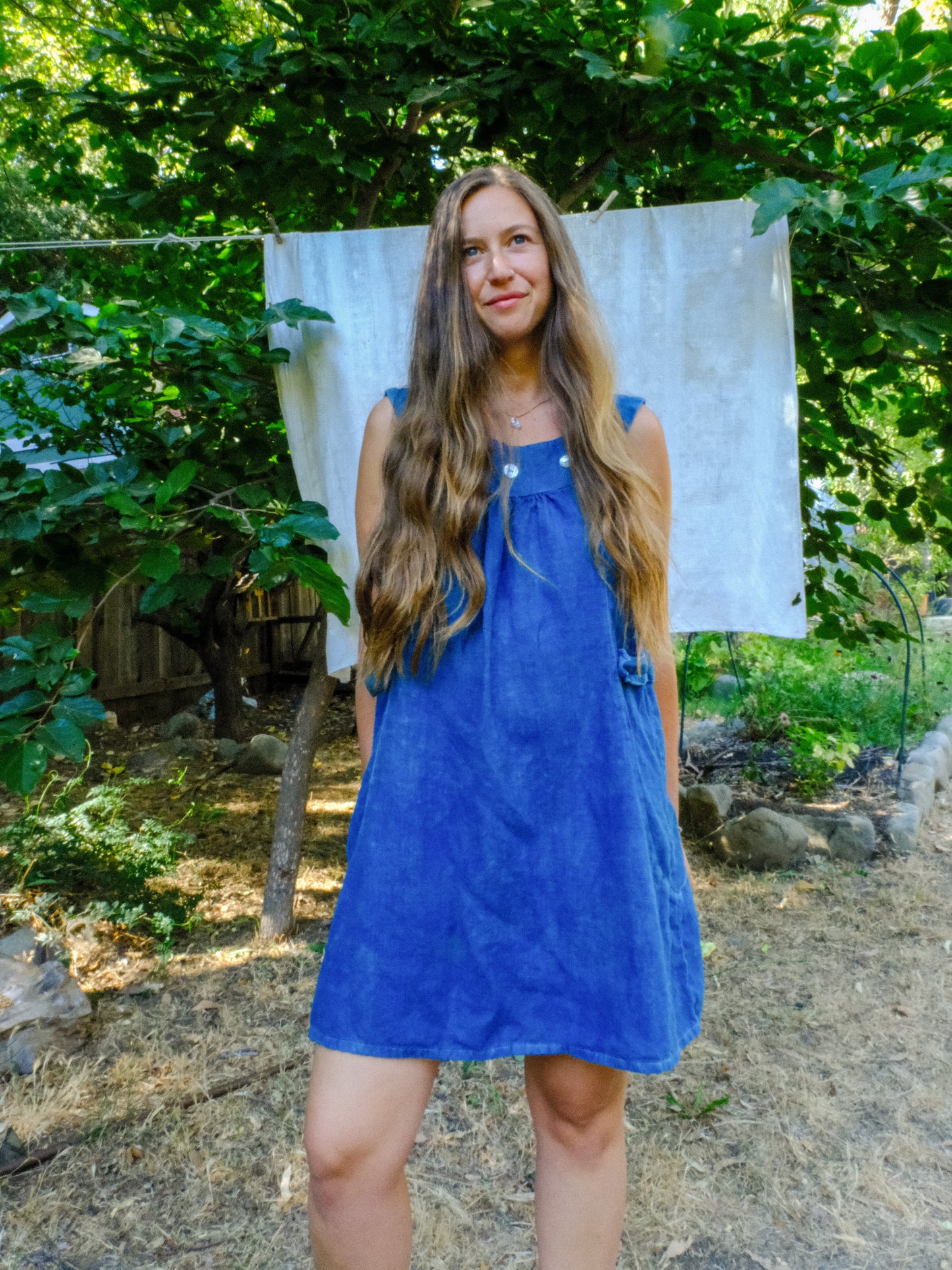 Indigo Linen Rounded Yoke Mini Dress