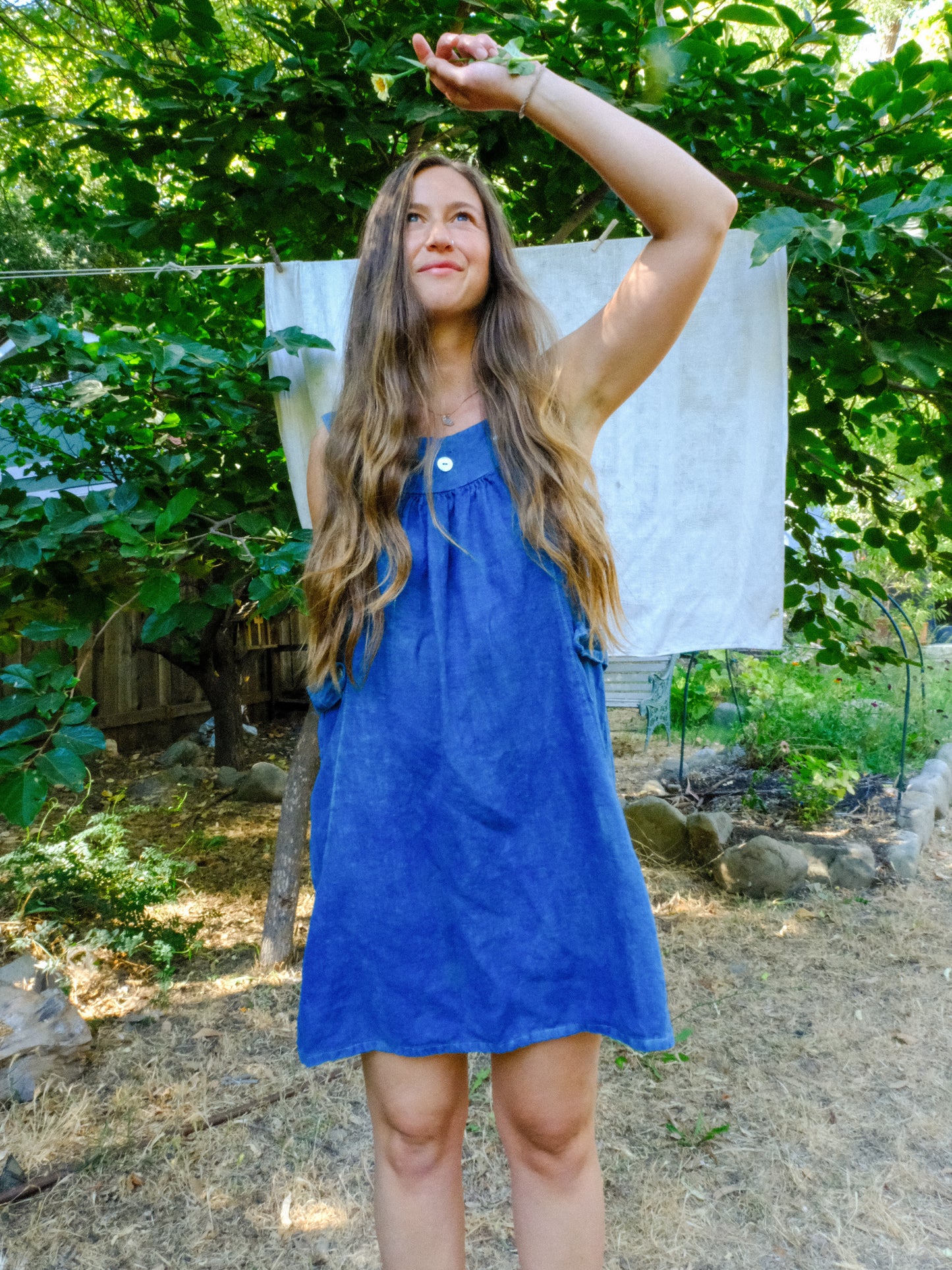 Indigo Linen Rounded Yoke Mini Dress