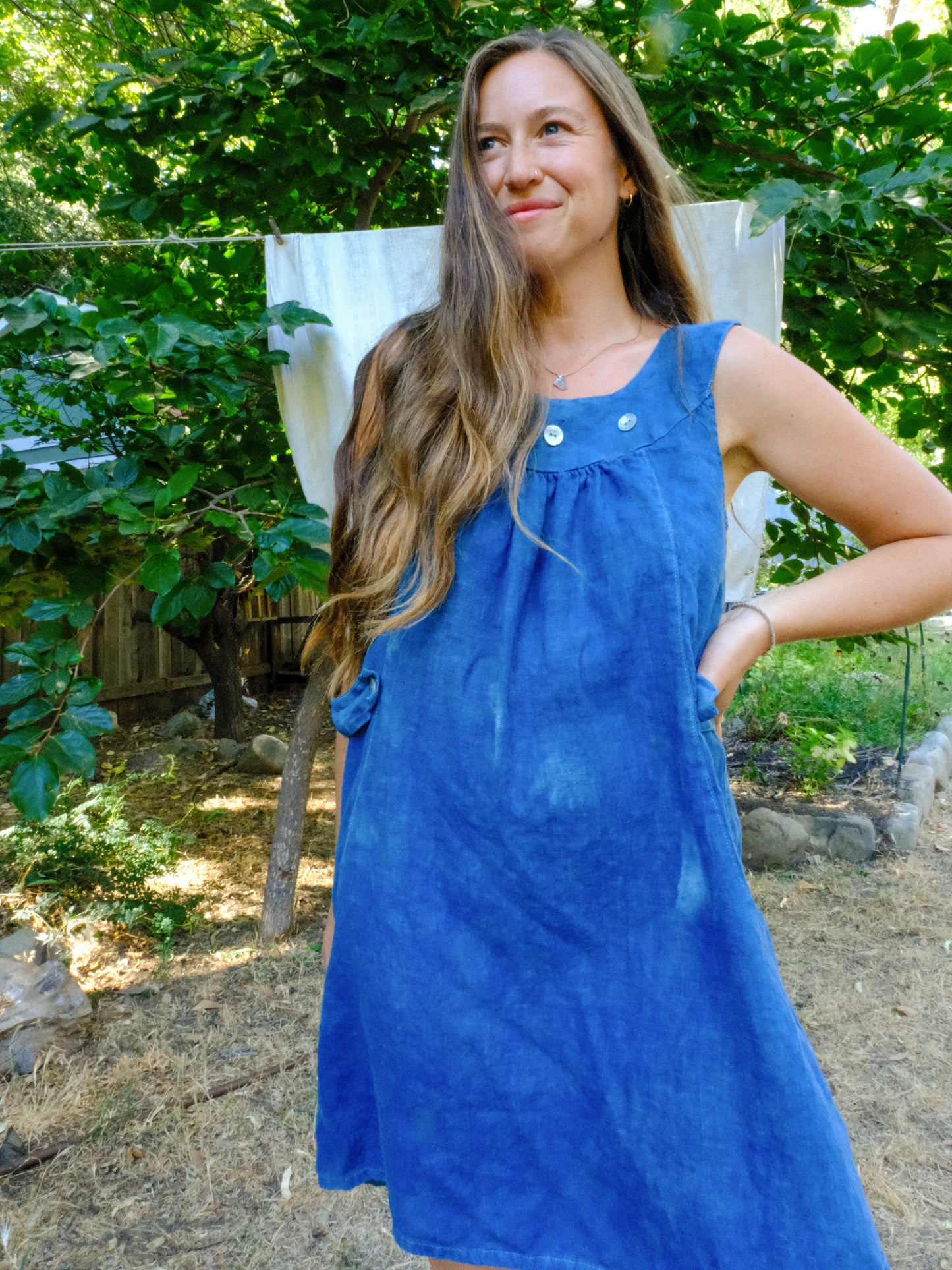 Indigo Linen Rounded Yoke Mini Dress