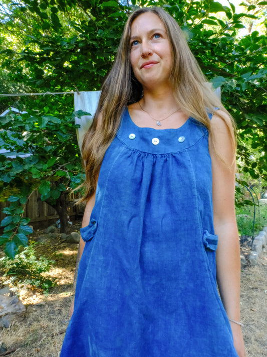 Indigo Linen Rounded Yoke Mini Dress