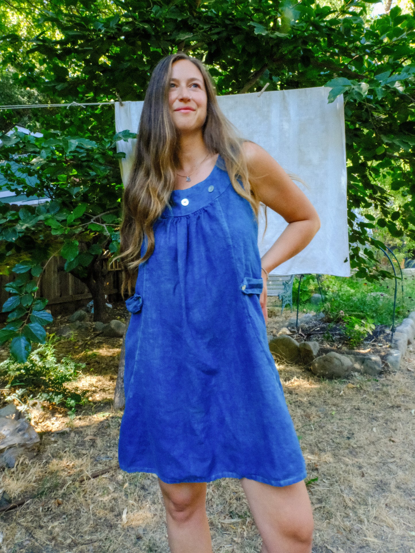 Indigo Linen Rounded Yoke Mini Dress