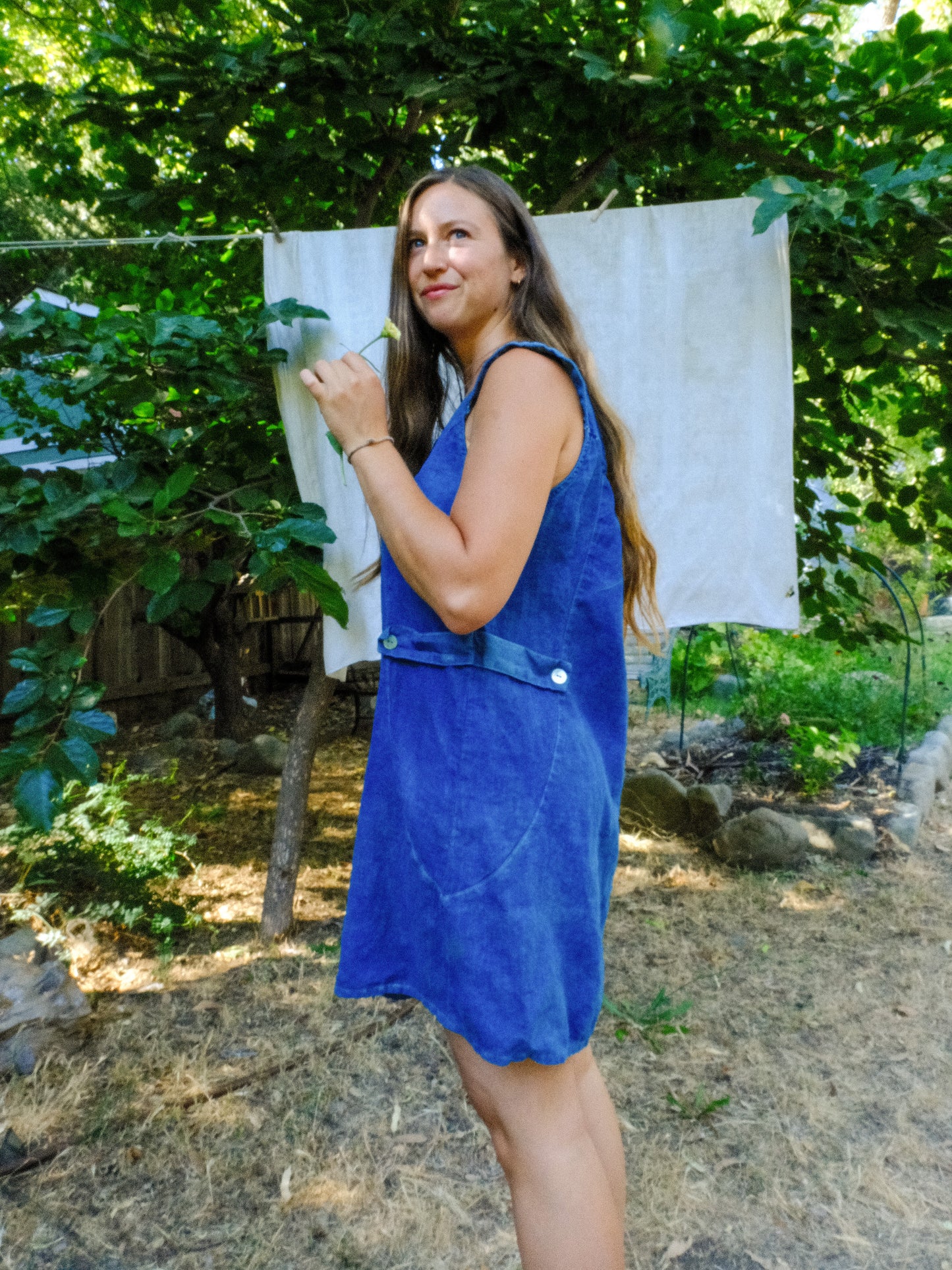 Indigo Linen Rounded Yoke Mini Dress