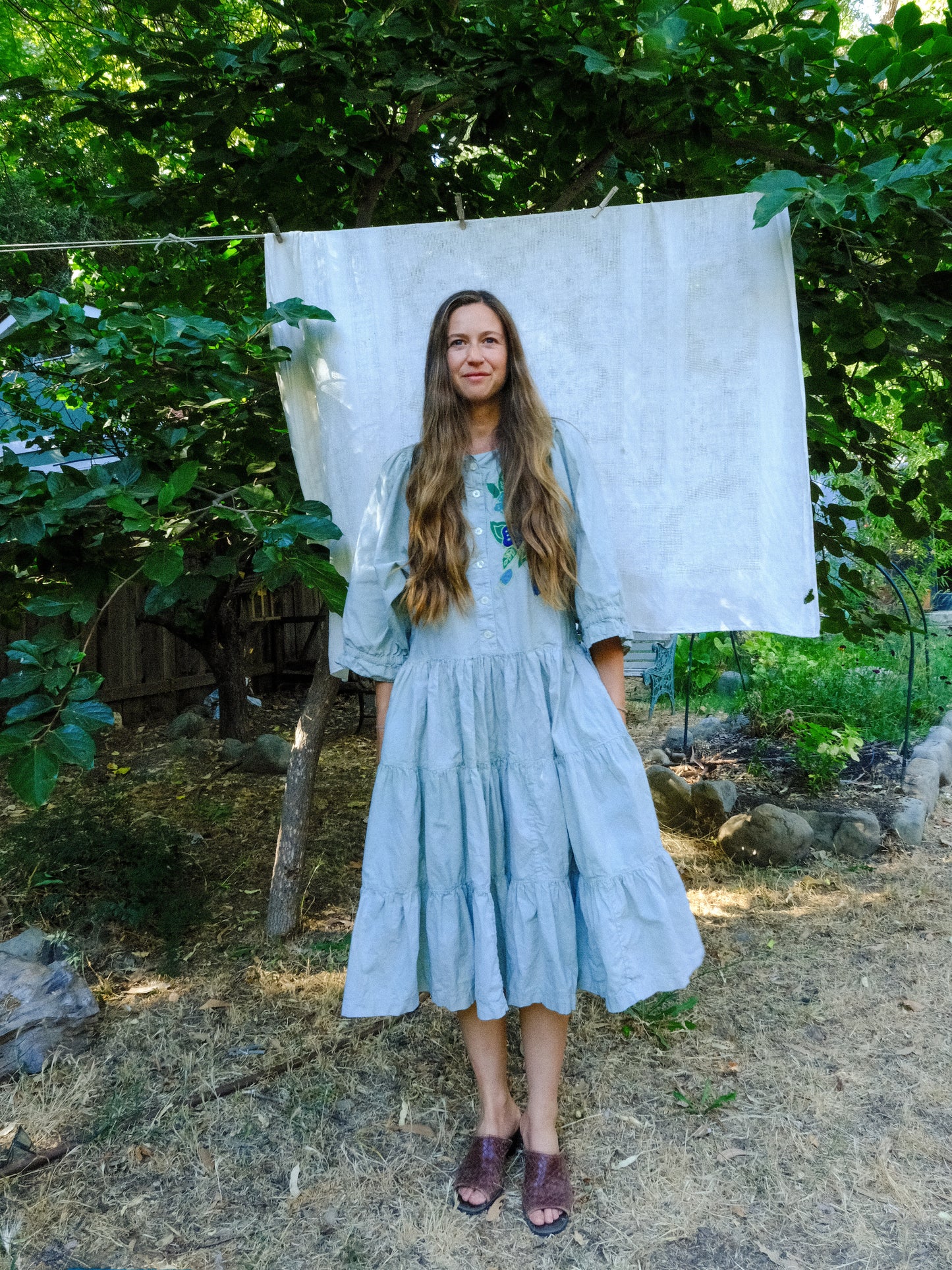 Chlorophyllin Embroidered Tiered Drop Waist Dress