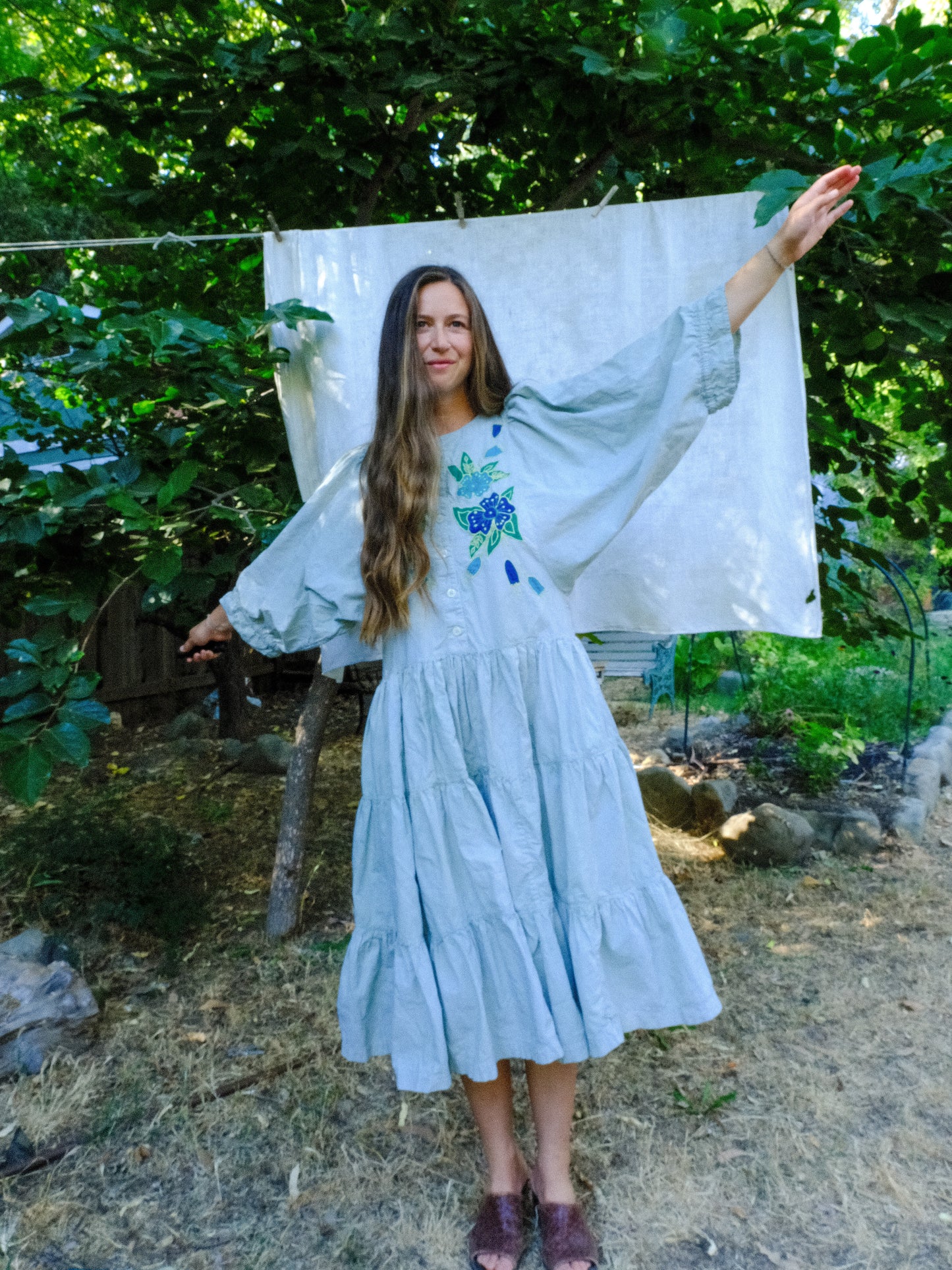 Chlorophyllin Embroidered Tiered Drop Waist Dress