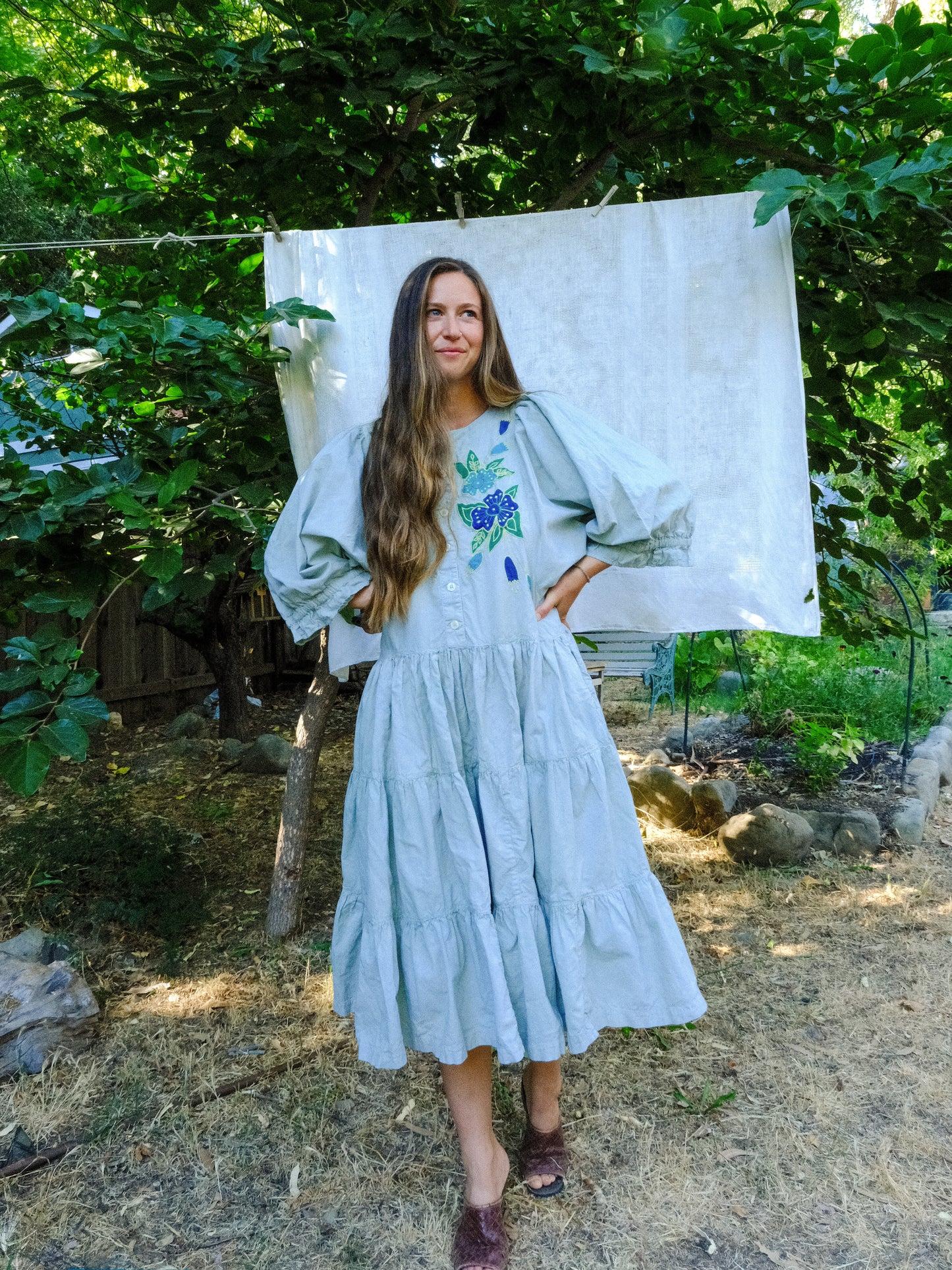 Chlorophyllin Embroidered Tiered Drop Waist Dress