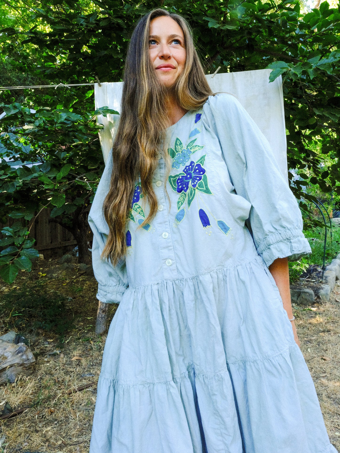 Chlorophyllin Embroidered Tiered Drop Waist Dress