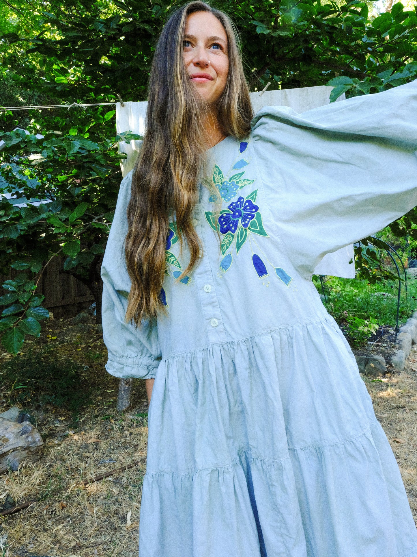 Chlorophyllin Embroidered Tiered Drop Waist Dress