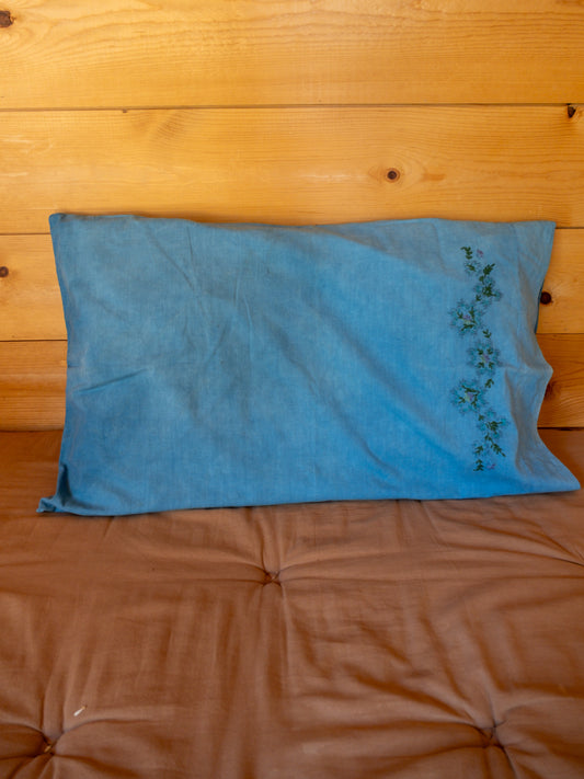 Vintage Indigo Green Embroidered Cotton Pillowcase