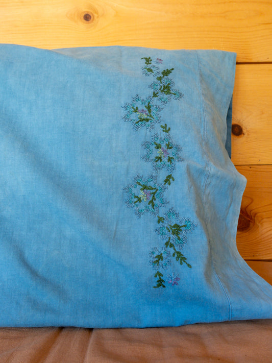 Vintage Indigo Green Embroidered Cotton Pillowcase
