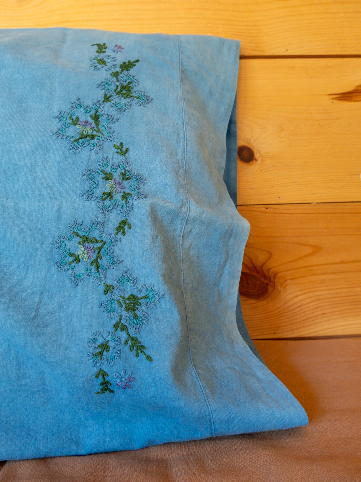 Vintage Indigo Green Embroidered Cotton Pillowcase