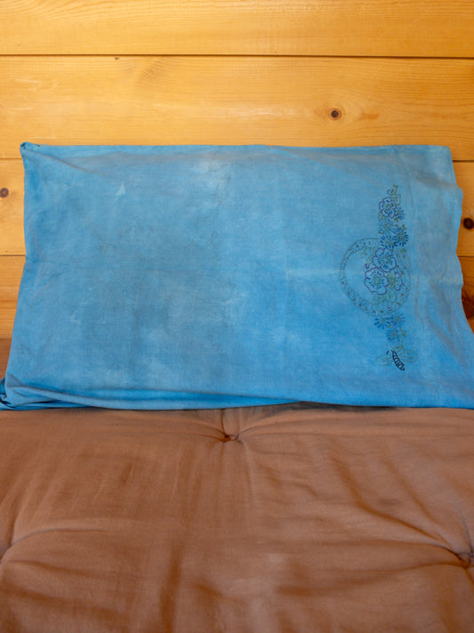 Vintage Indigo Bumblebee Embroidered Cotton Pillowcase