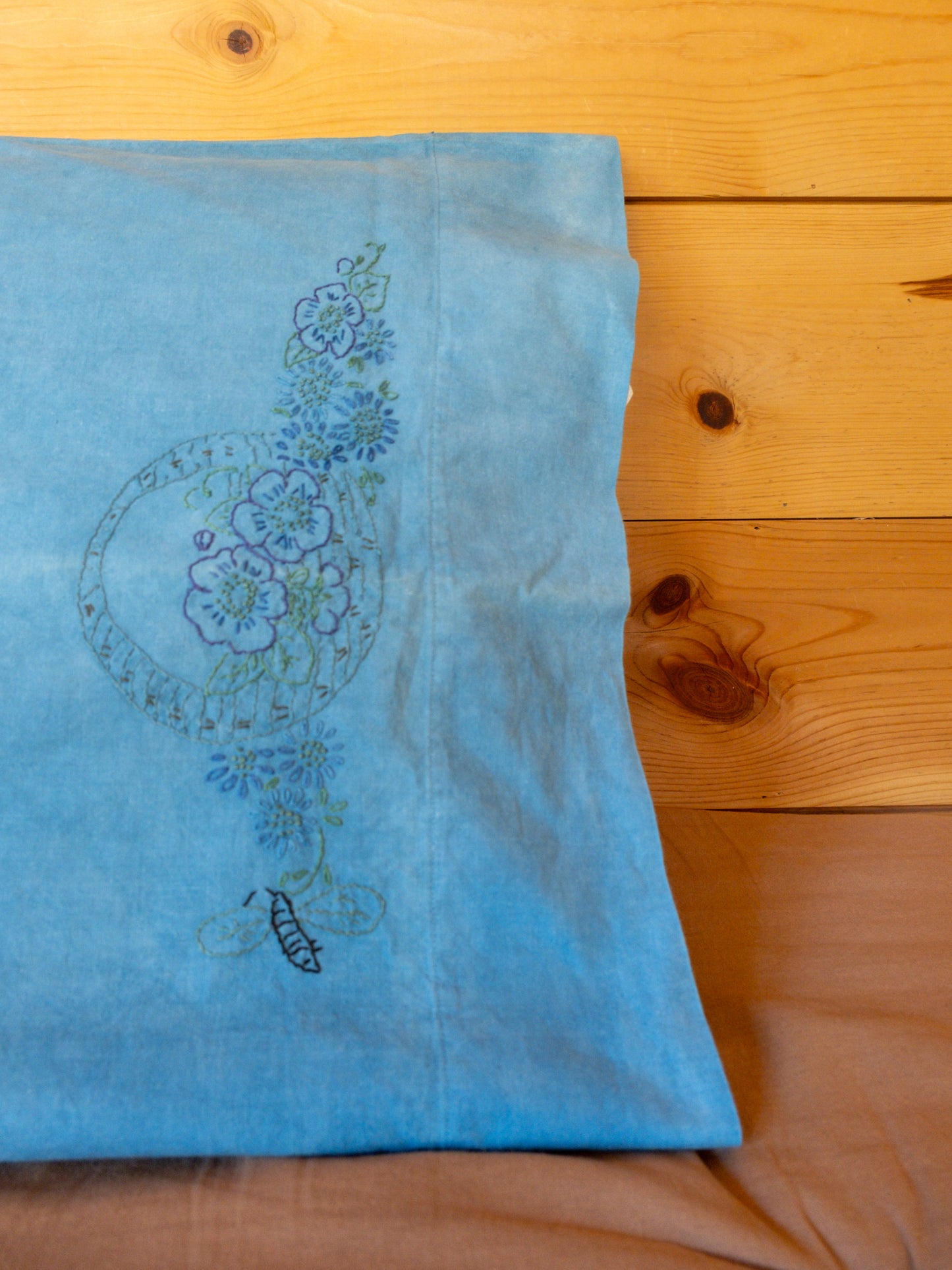 Vintage Indigo Bumblebee Embroidered Cotton Pillowcase