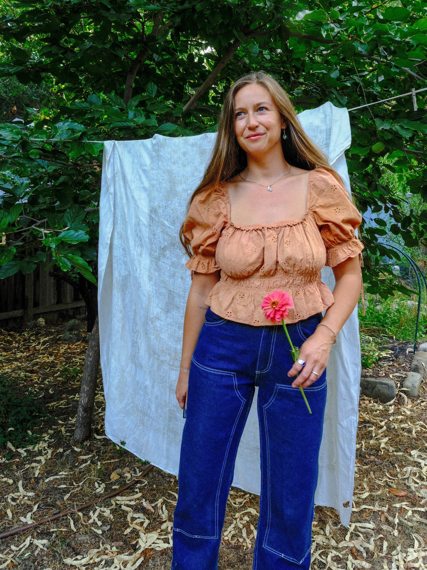 Madder & Coreopsis Eyelet Square Neck Elastic Blouse