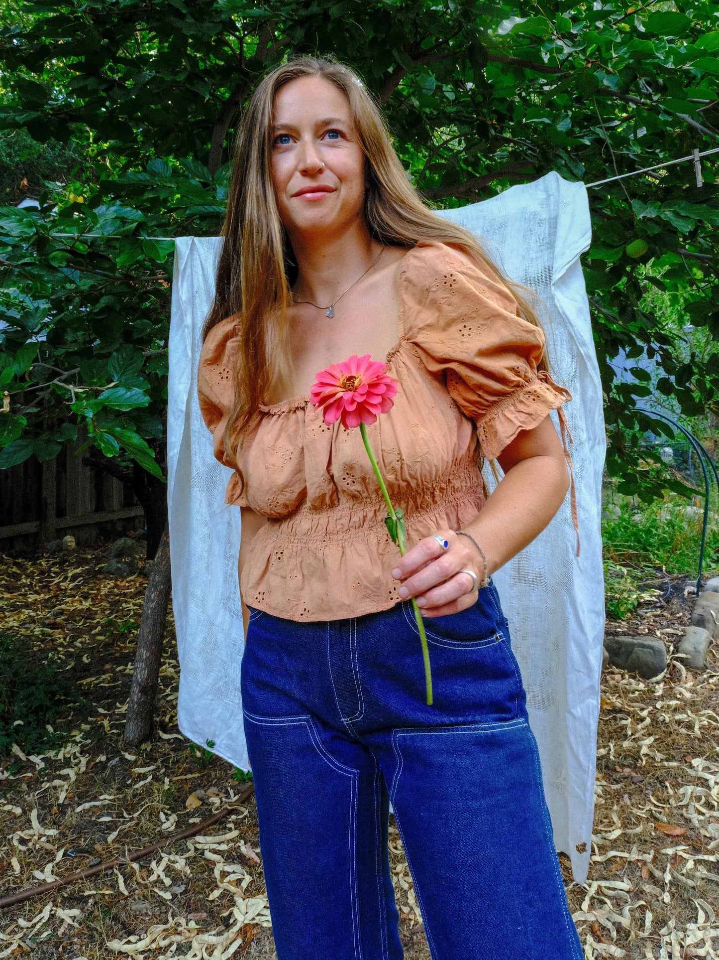 Madder & Coreopsis Eyelet Square Neck Elastic Blouse