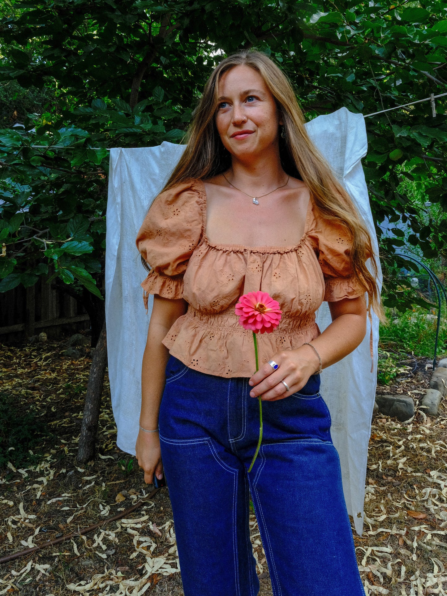 Madder & Coreopsis Eyelet Square Neck Elastic Blouse