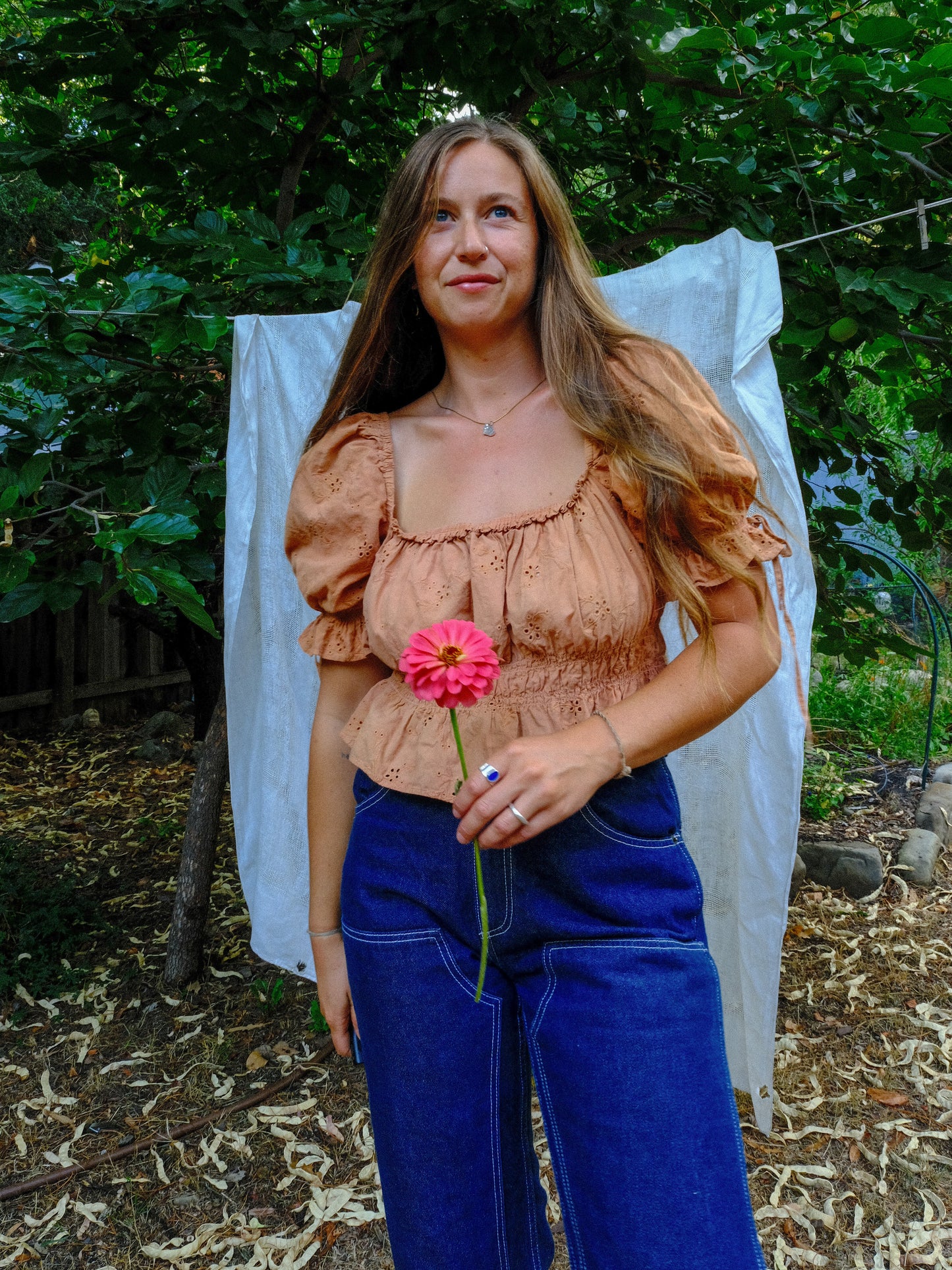 Madder & Coreopsis Eyelet Square Neck Elastic Blouse