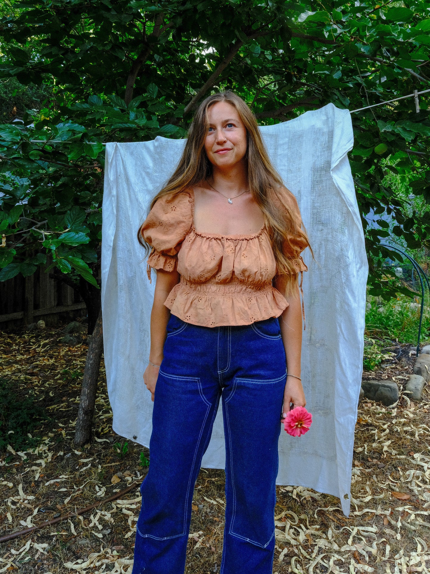 Madder & Coreopsis Eyelet Square Neck Elastic Blouse