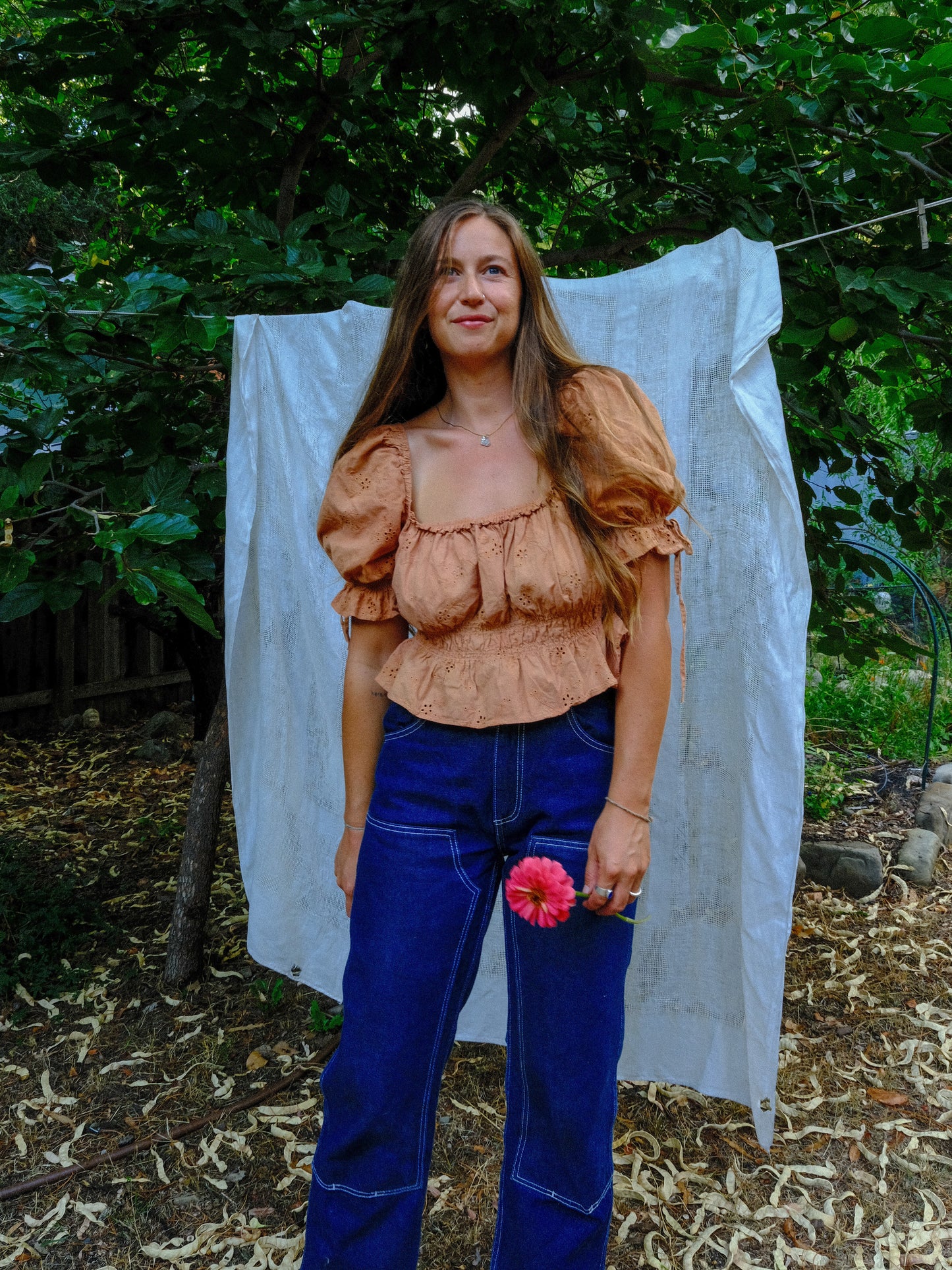 Madder & Coreopsis Eyelet Square Neck Elastic Blouse