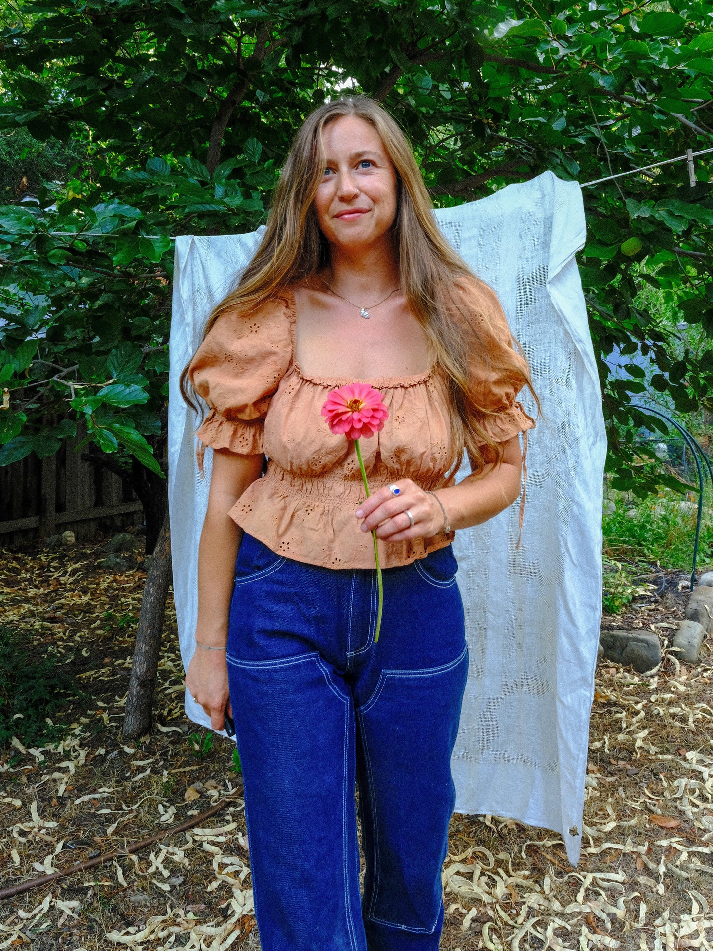 Madder & Coreopsis Eyelet Square Neck Elastic Blouse