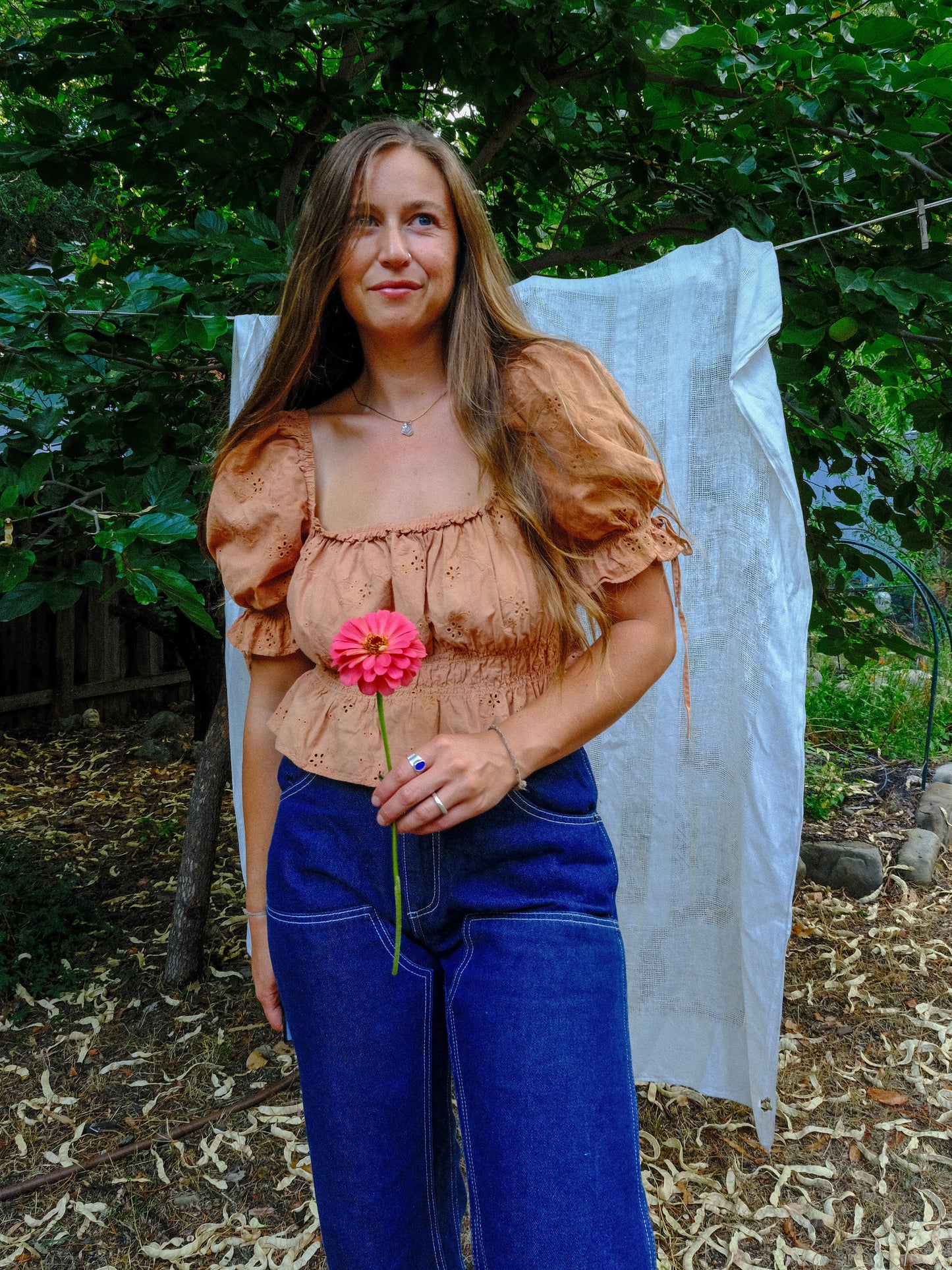 Madder & Coreopsis Eyelet Square Neck Elastic Blouse