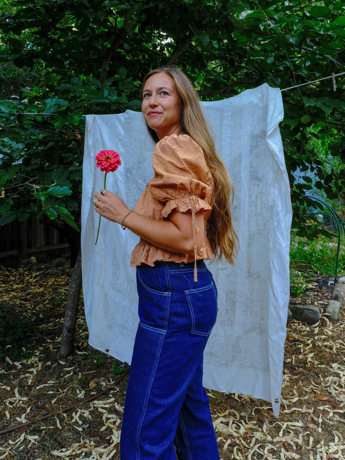 Madder & Coreopsis Eyelet Square Neck Elastic Blouse