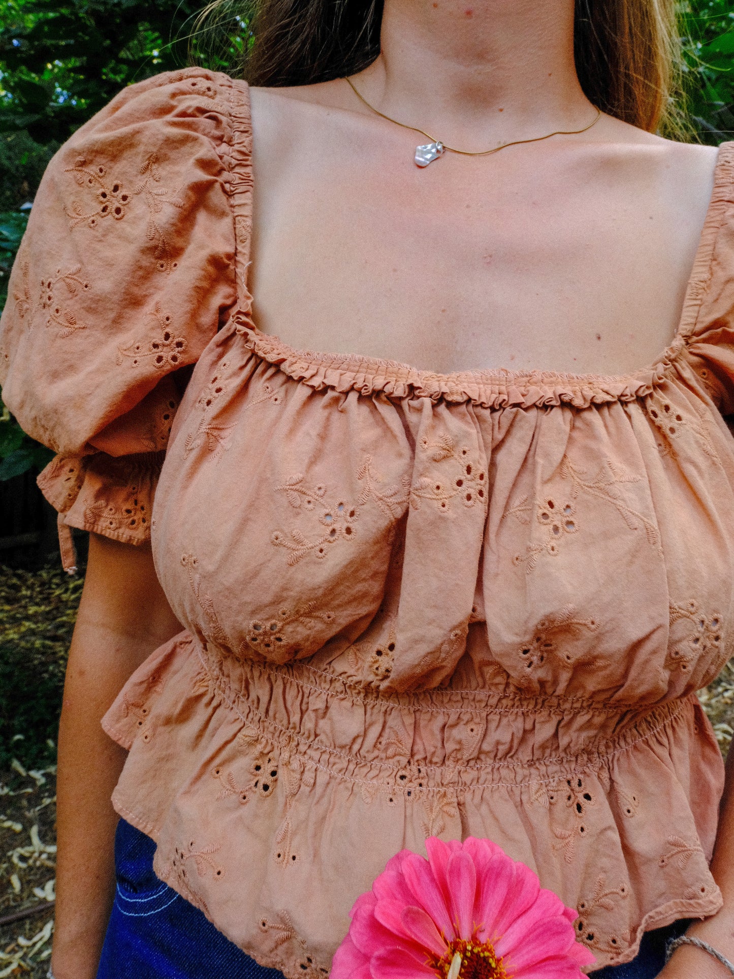 Madder & Coreopsis Eyelet Square Neck Elastic Blouse