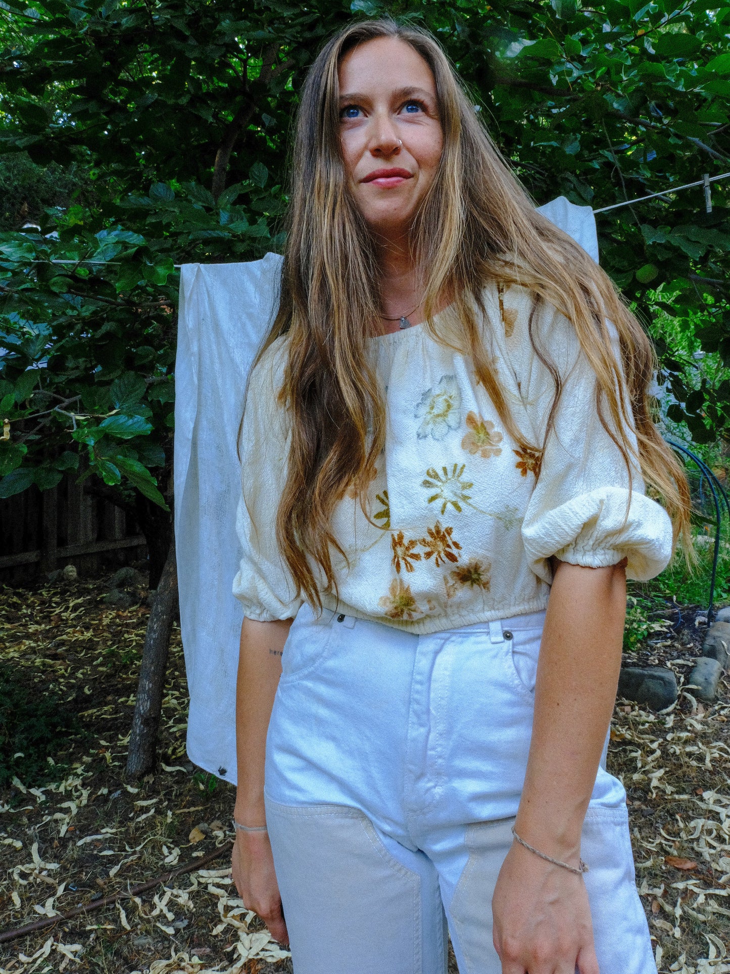 Eco-Printed Cotton Gauze Elastic Crop