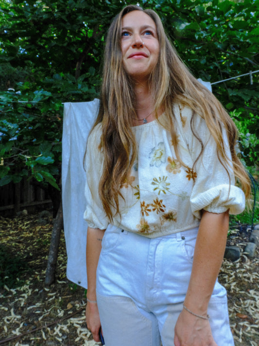 Eco-Printed Cotton Gauze Elastic Crop