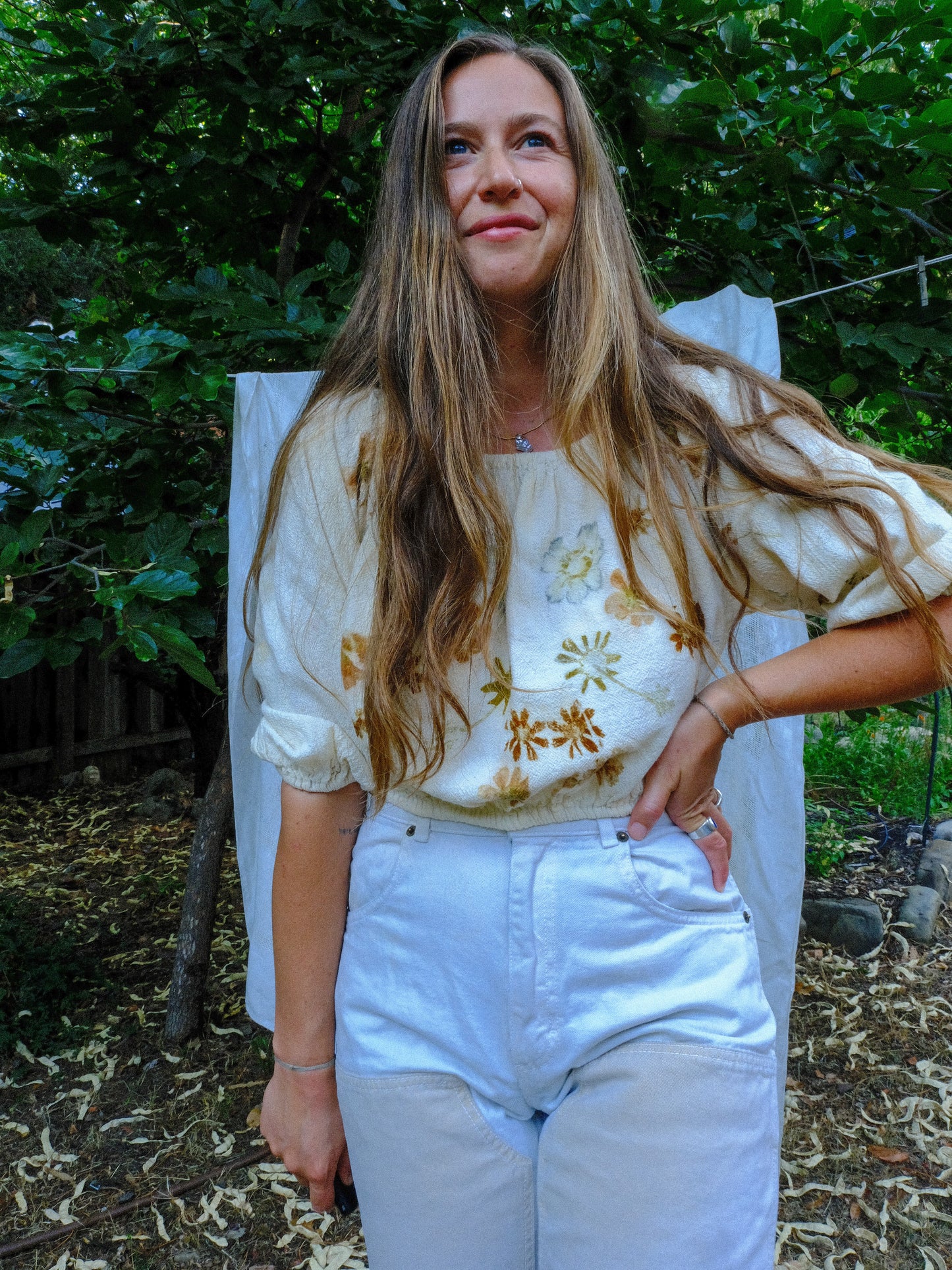 Eco-Printed Cotton Gauze Elastic Crop