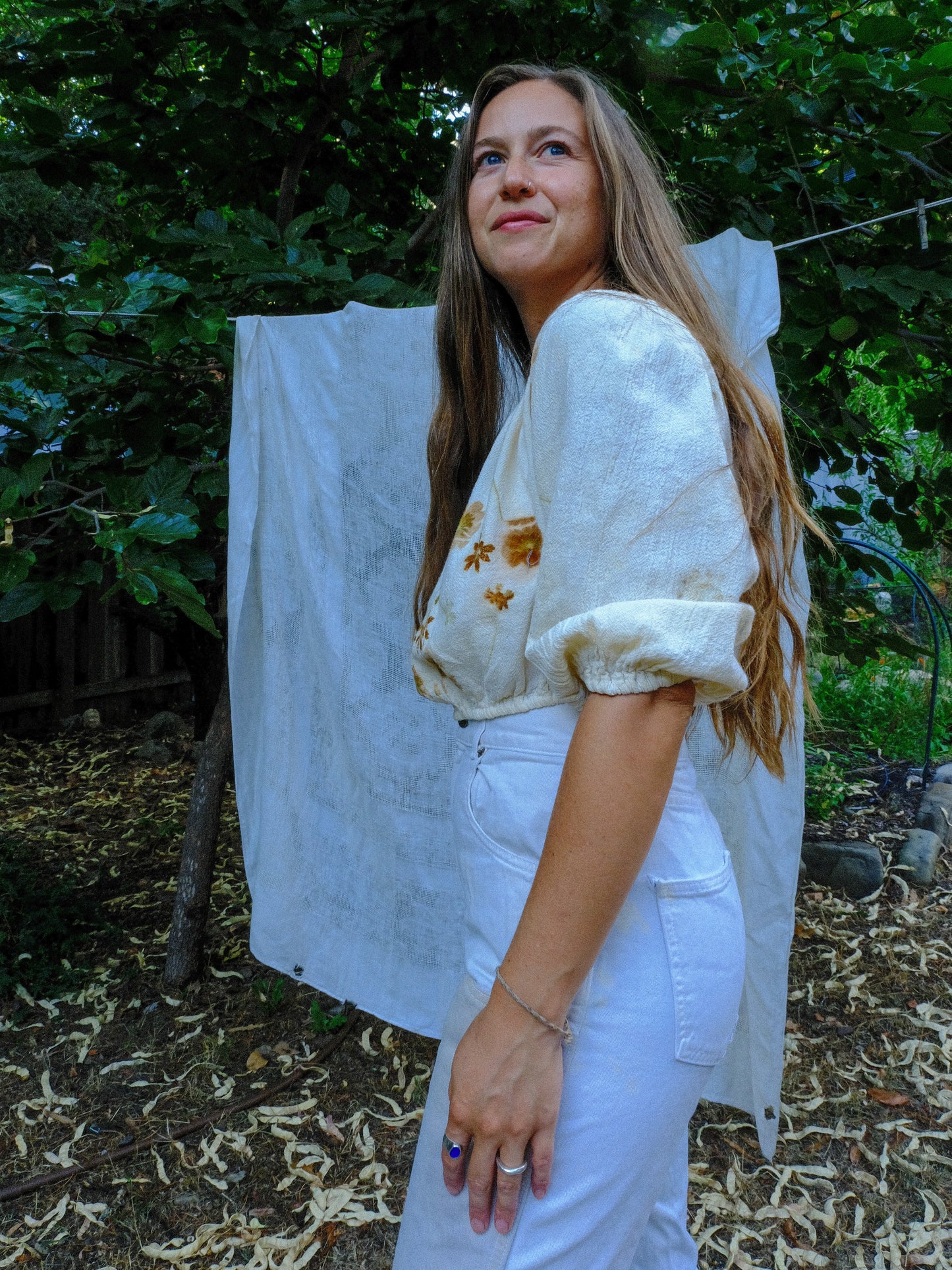 Eco-Printed Cotton Gauze Elastic Crop