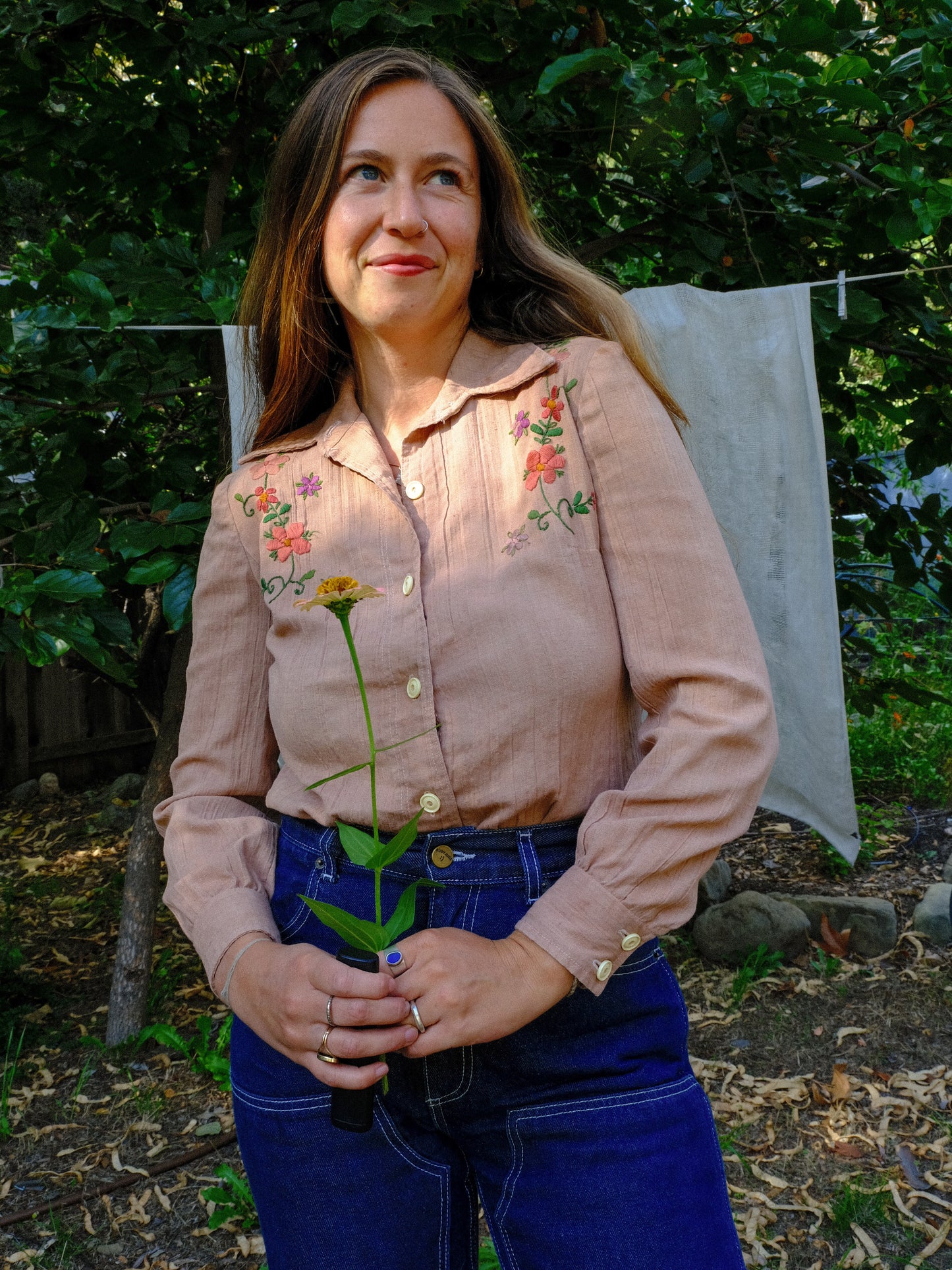 Cutch & Logwood Floral Embroidered Gauze Western Blouse