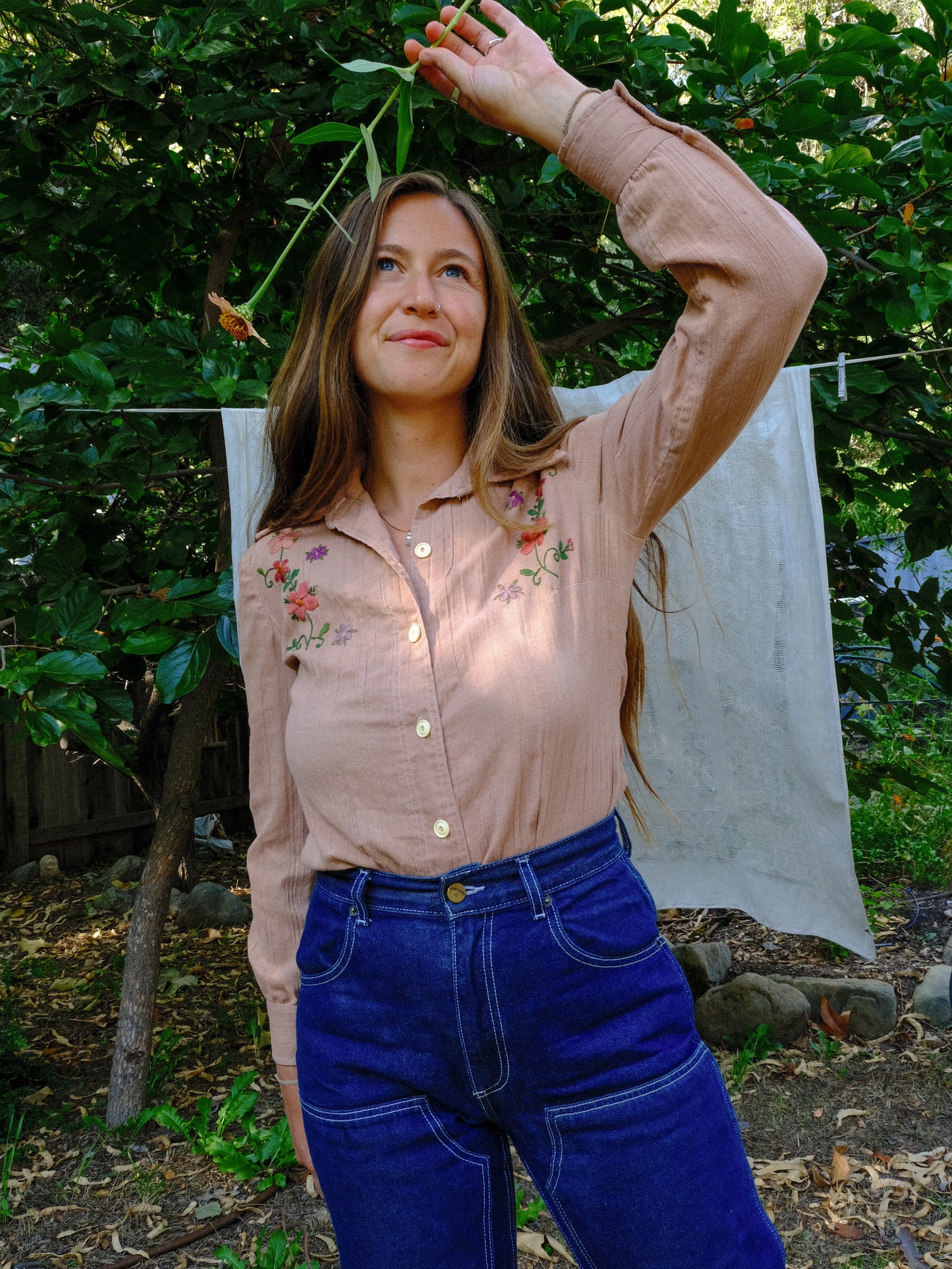 Cutch & Logwood Floral Embroidered Gauze Western Blouse