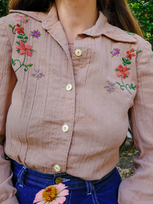 Cutch & Logwood Floral Embroidered Gauze Western Blouse
