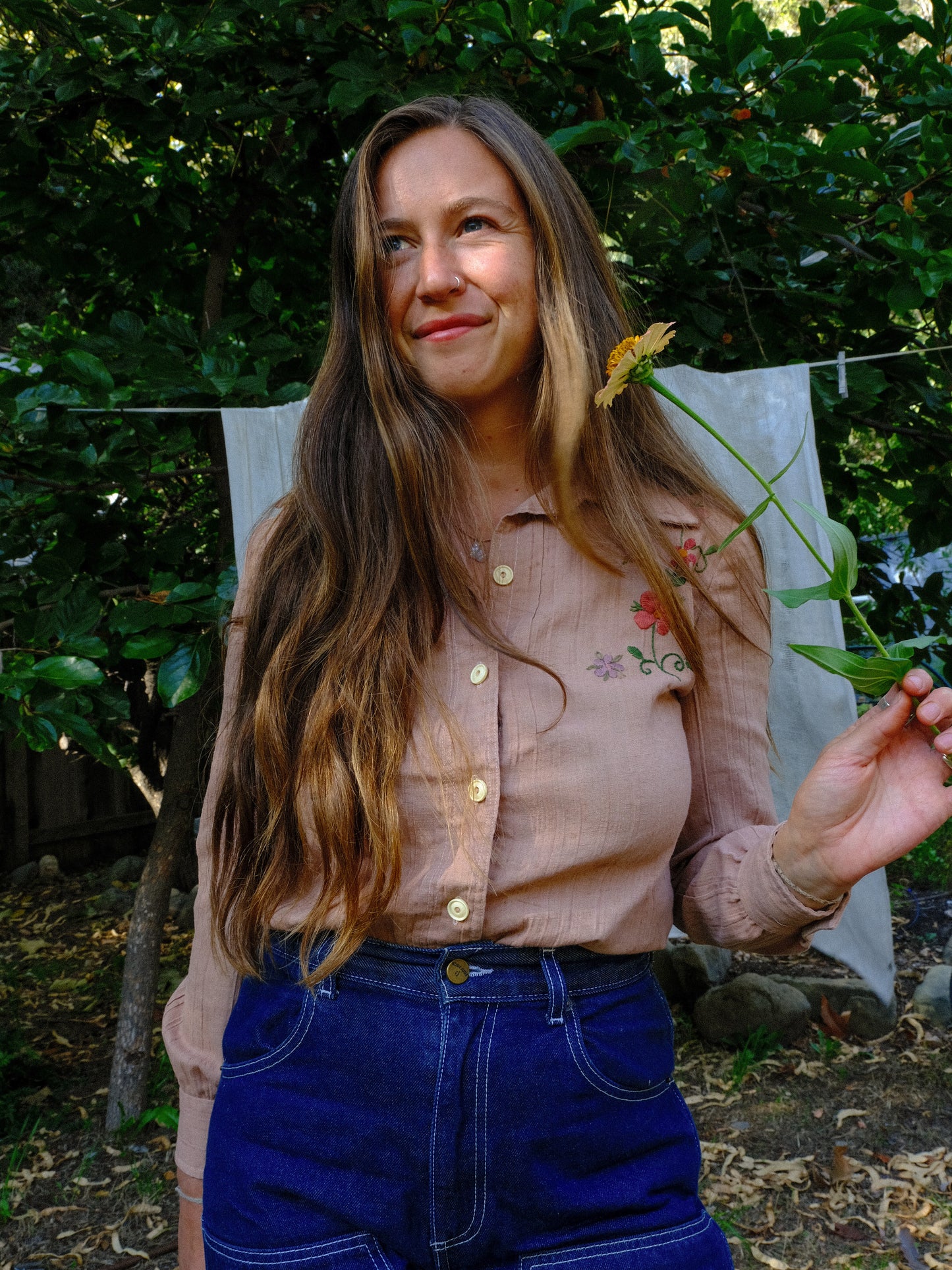 Cutch & Logwood Floral Embroidered Gauze Western Blouse