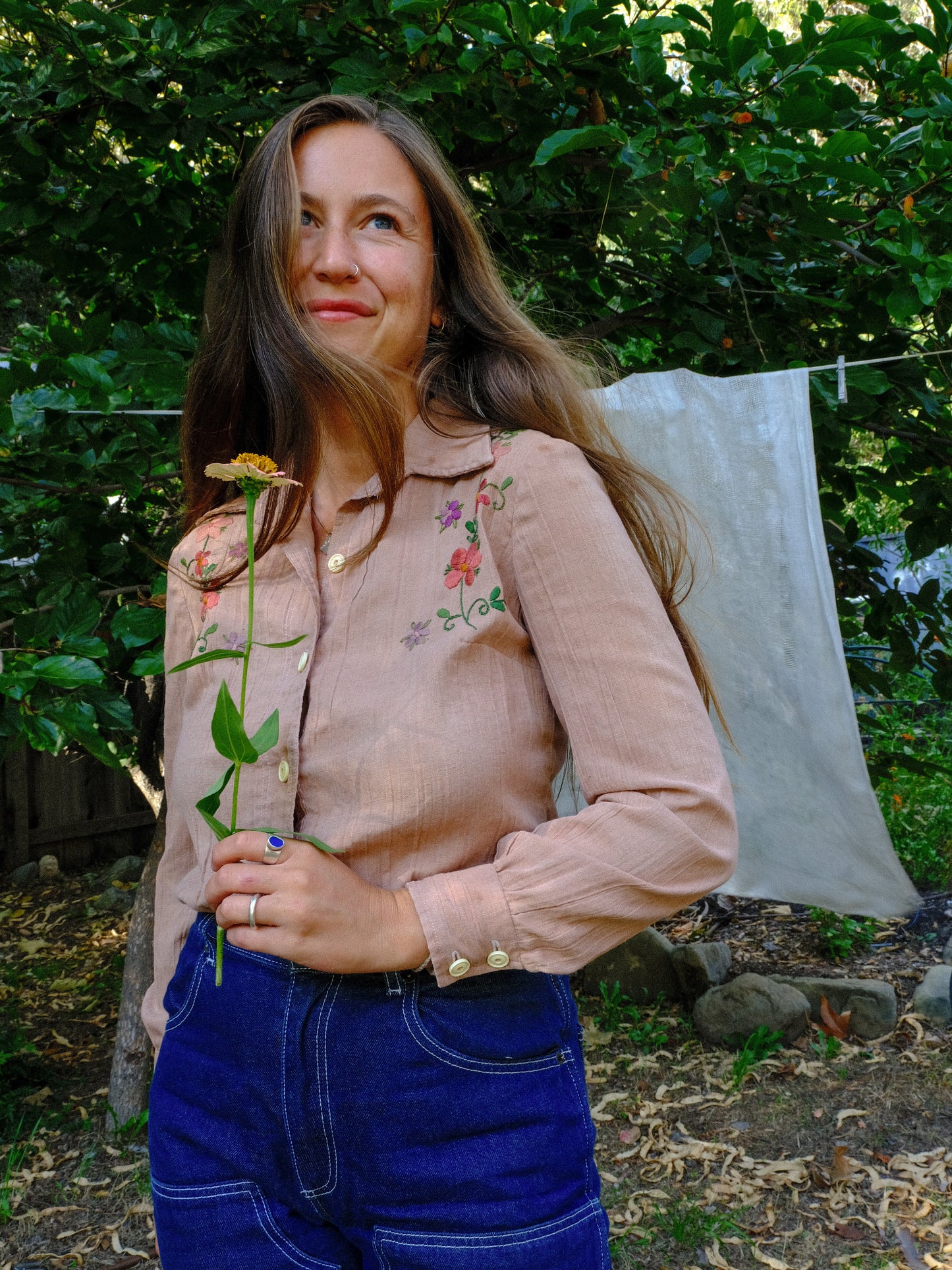 Cutch & Logwood Floral Embroidered Gauze Western Blouse