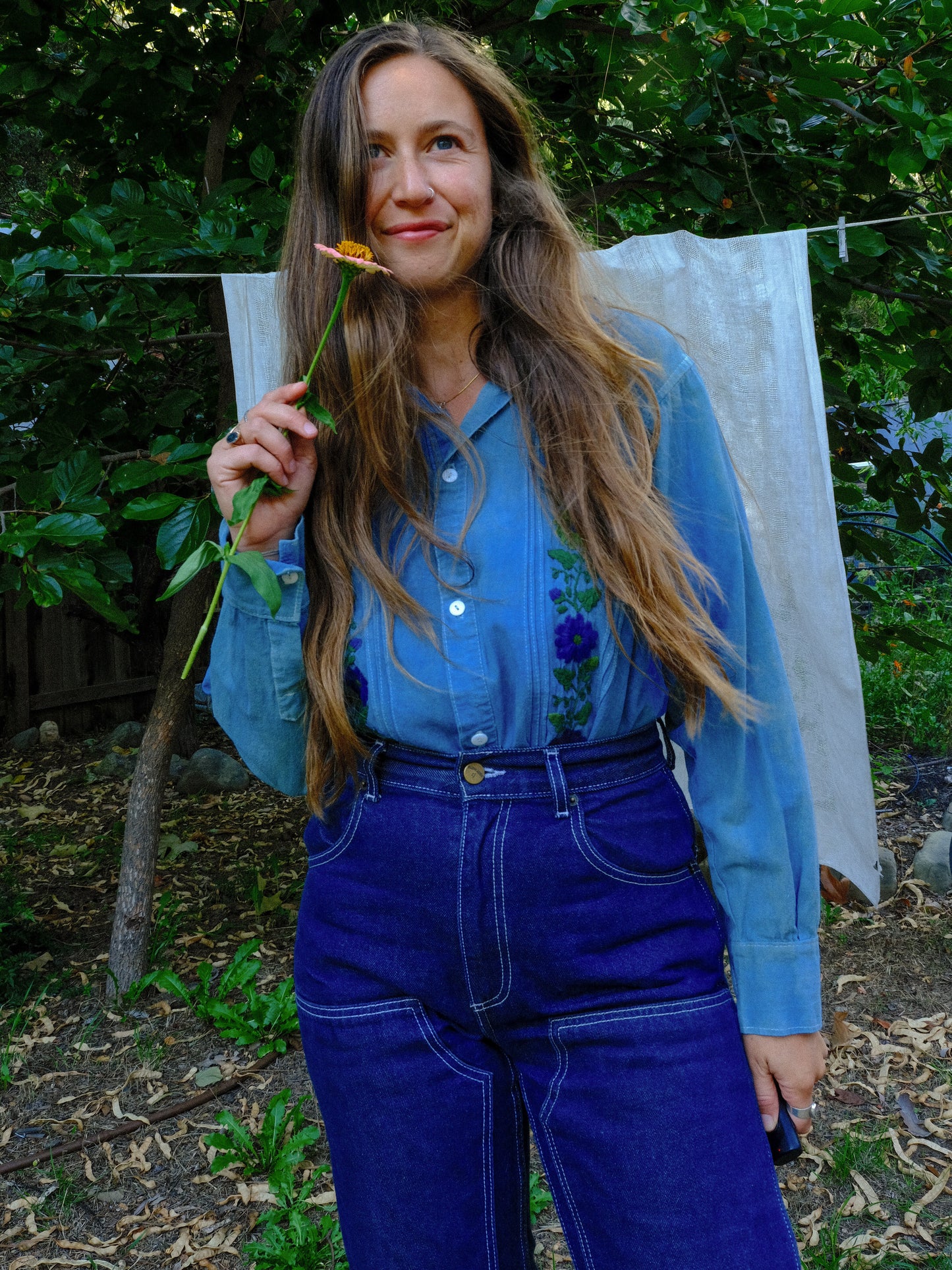 Indigo Floral Embroidered Button Down Shirt