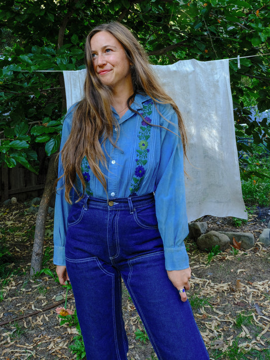 Indigo Floral Embroidered Button Down Shirt
