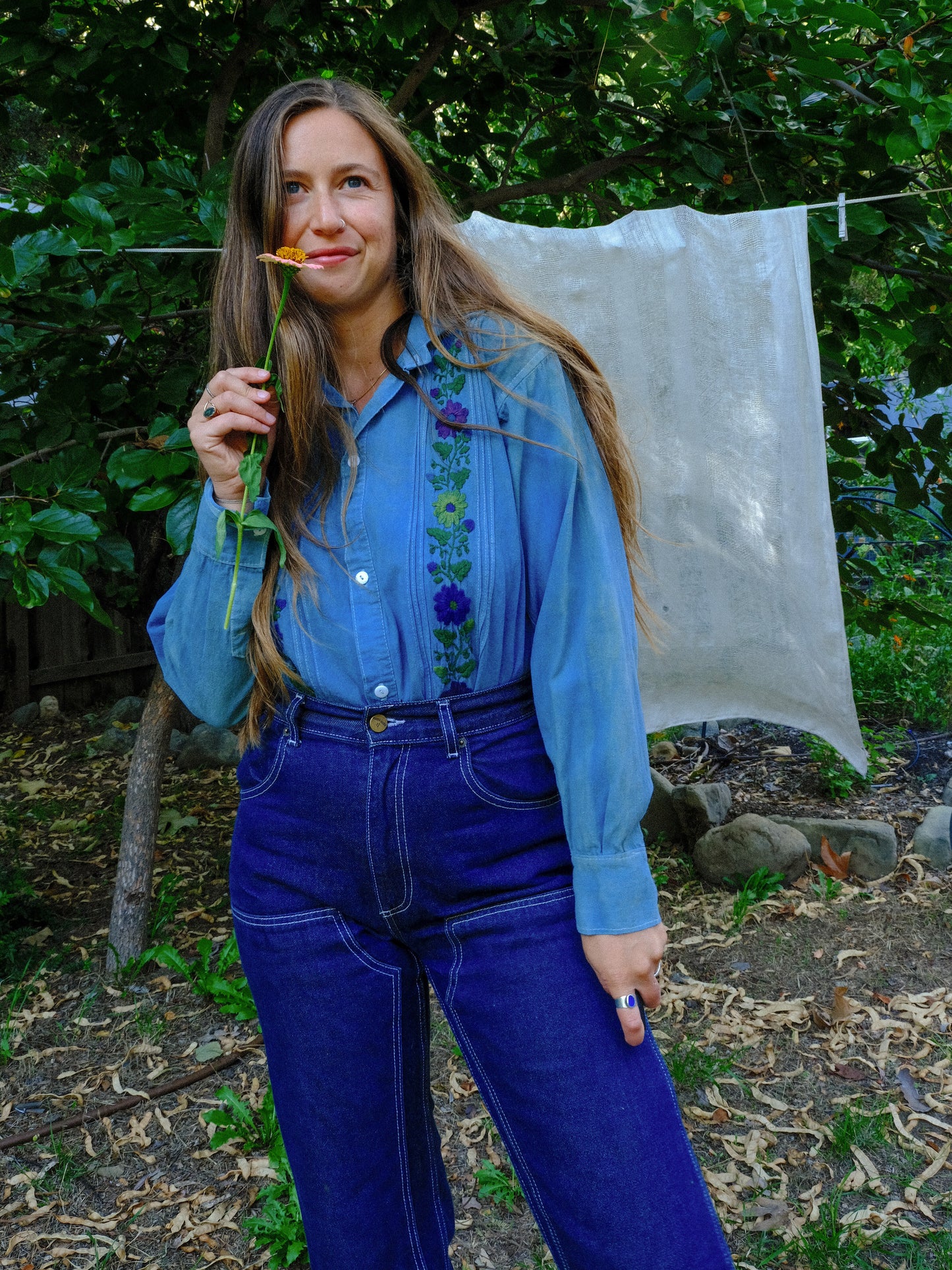 Indigo Floral Embroidered Button Down Shirt