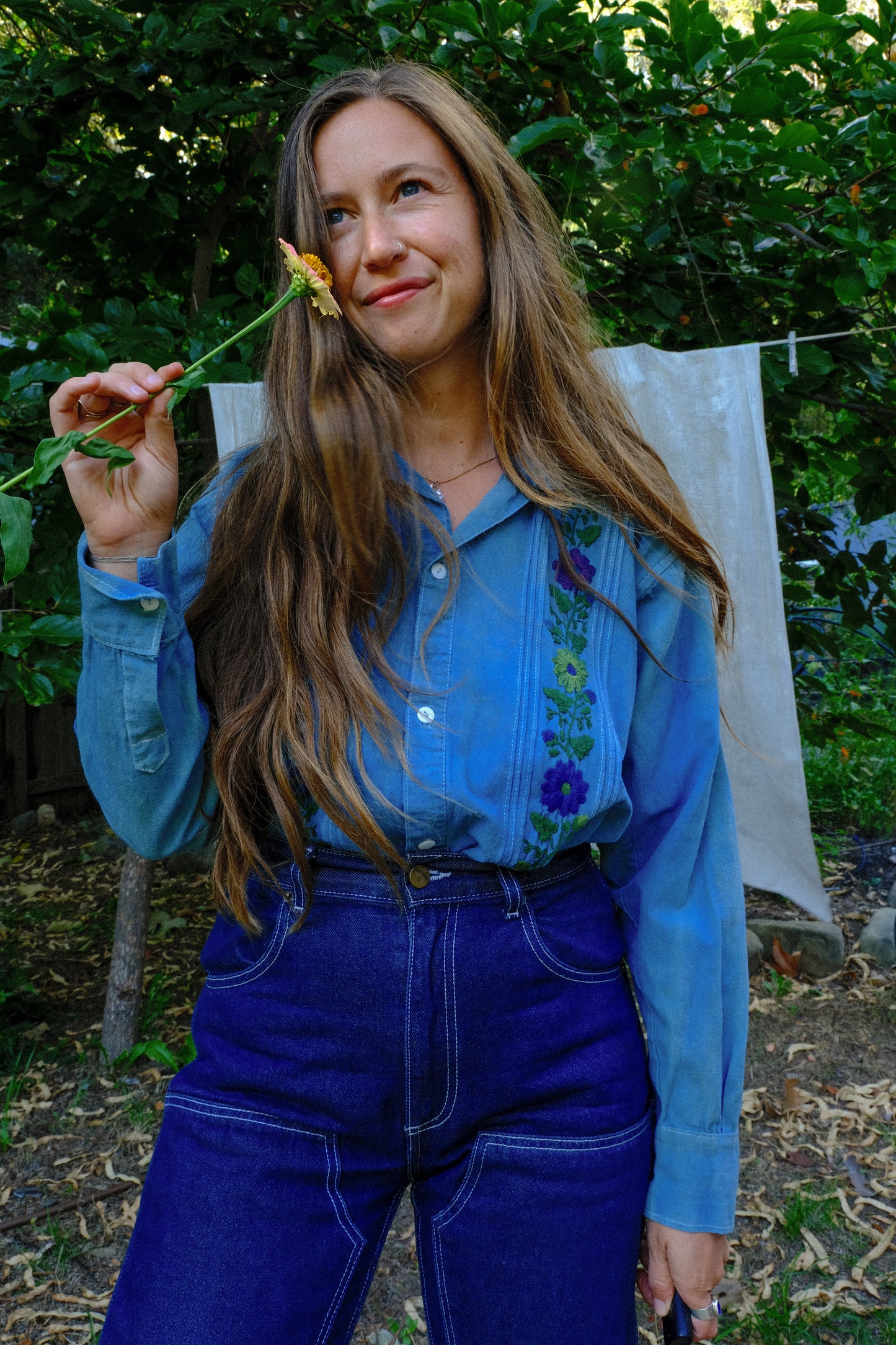 Indigo Floral Embroidered Button Down Shirt