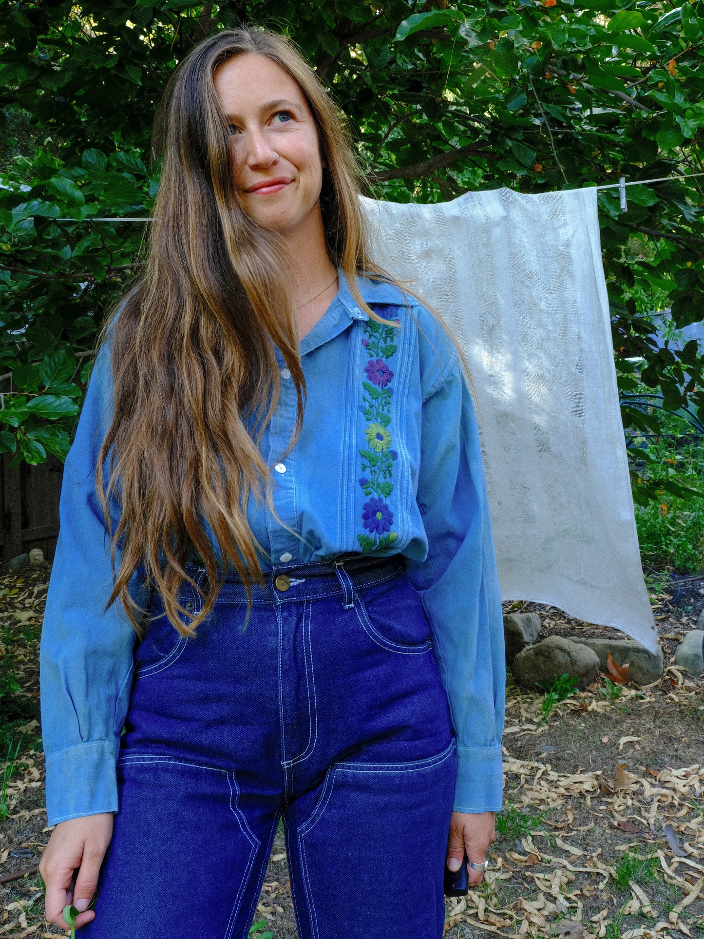 Indigo Floral Embroidered Button Down Shirt