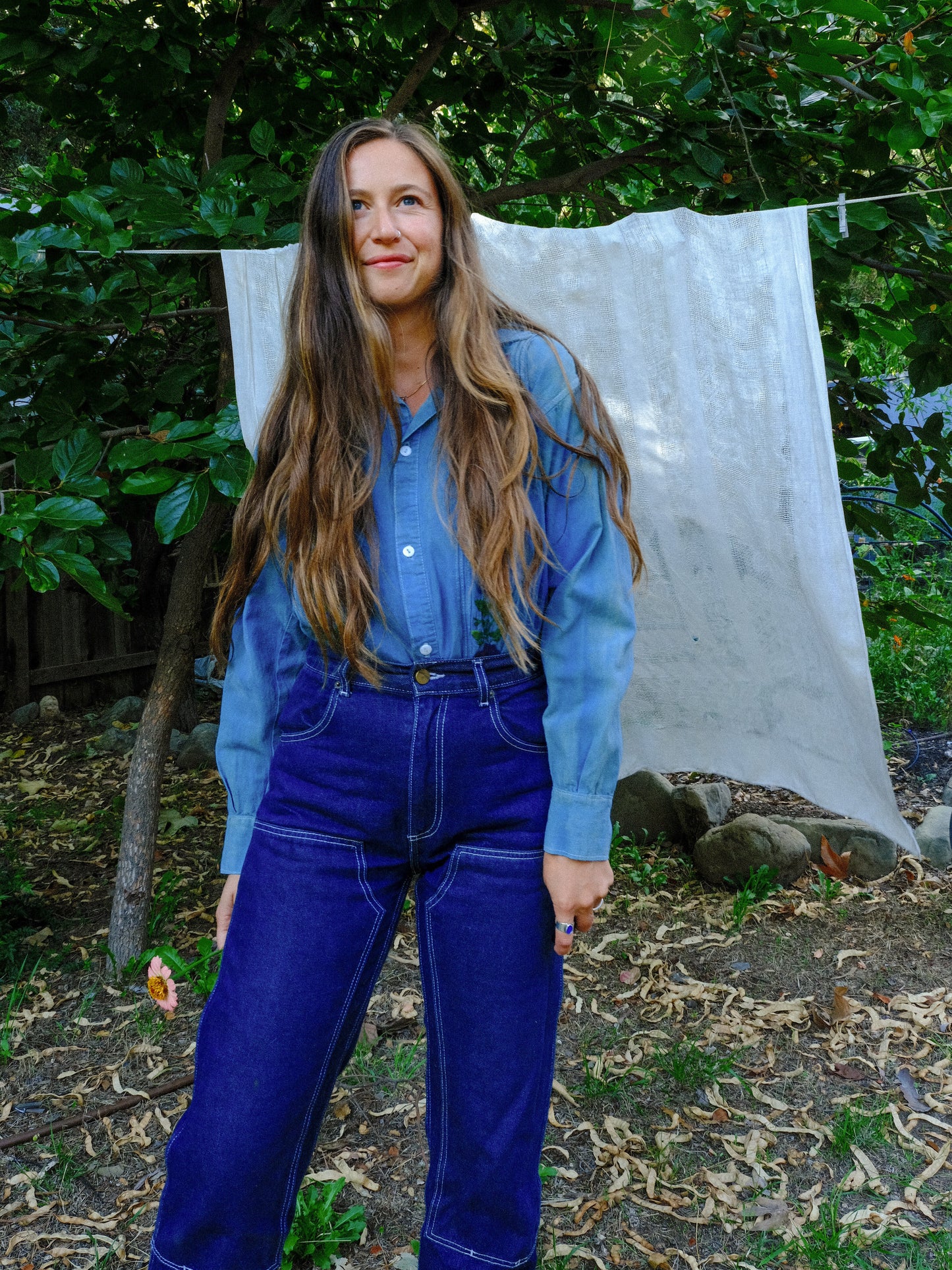 Indigo Floral Embroidered Button Down Shirt