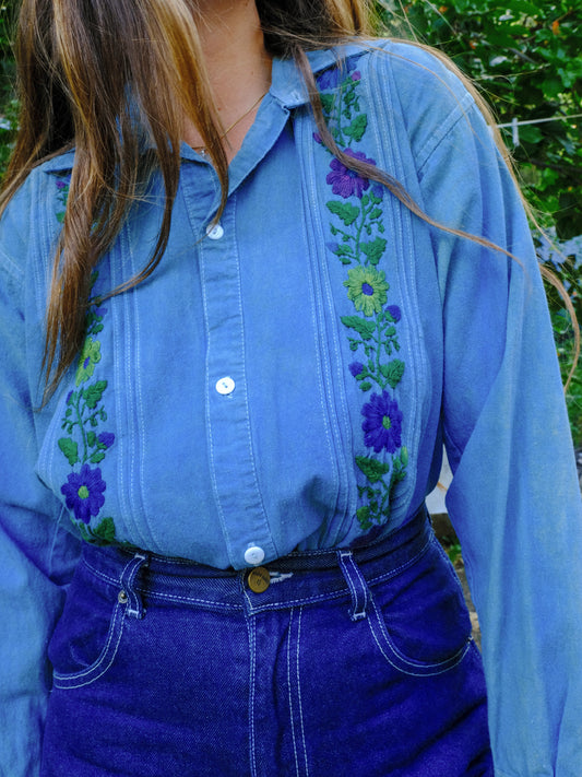 Indigo Floral Embroidered Button Down Shirt