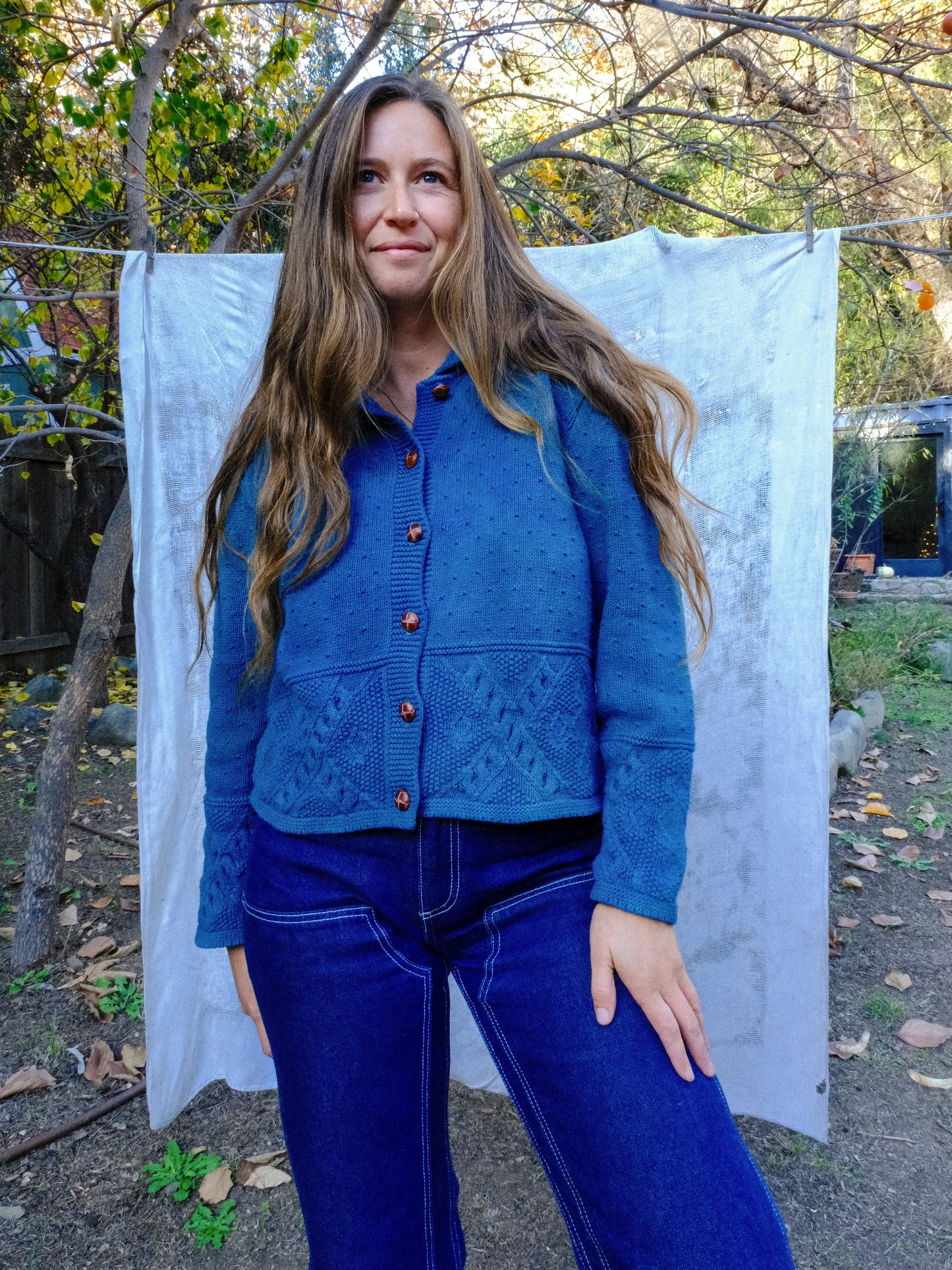 Indigo Cotton Collared Dobby Sweater