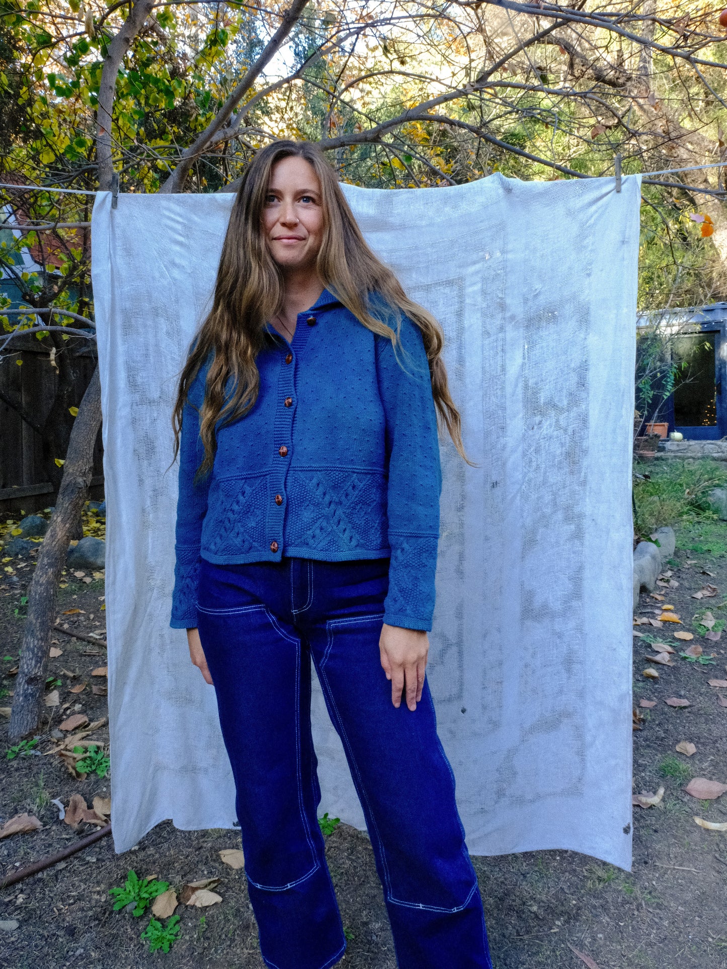 Indigo Cotton Collared Dobby Sweater